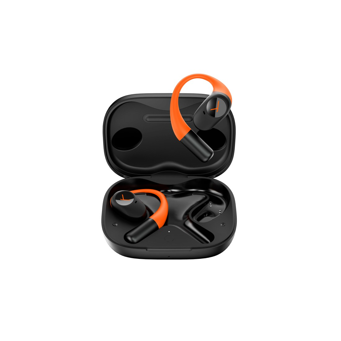 Schwarze und orangefarbene kabellose Ohrhörer in einer offenen, schwarzen Ladebox. Die Ohrhörer sind orange und schwarz, mit einem Ohrbügel-Design.