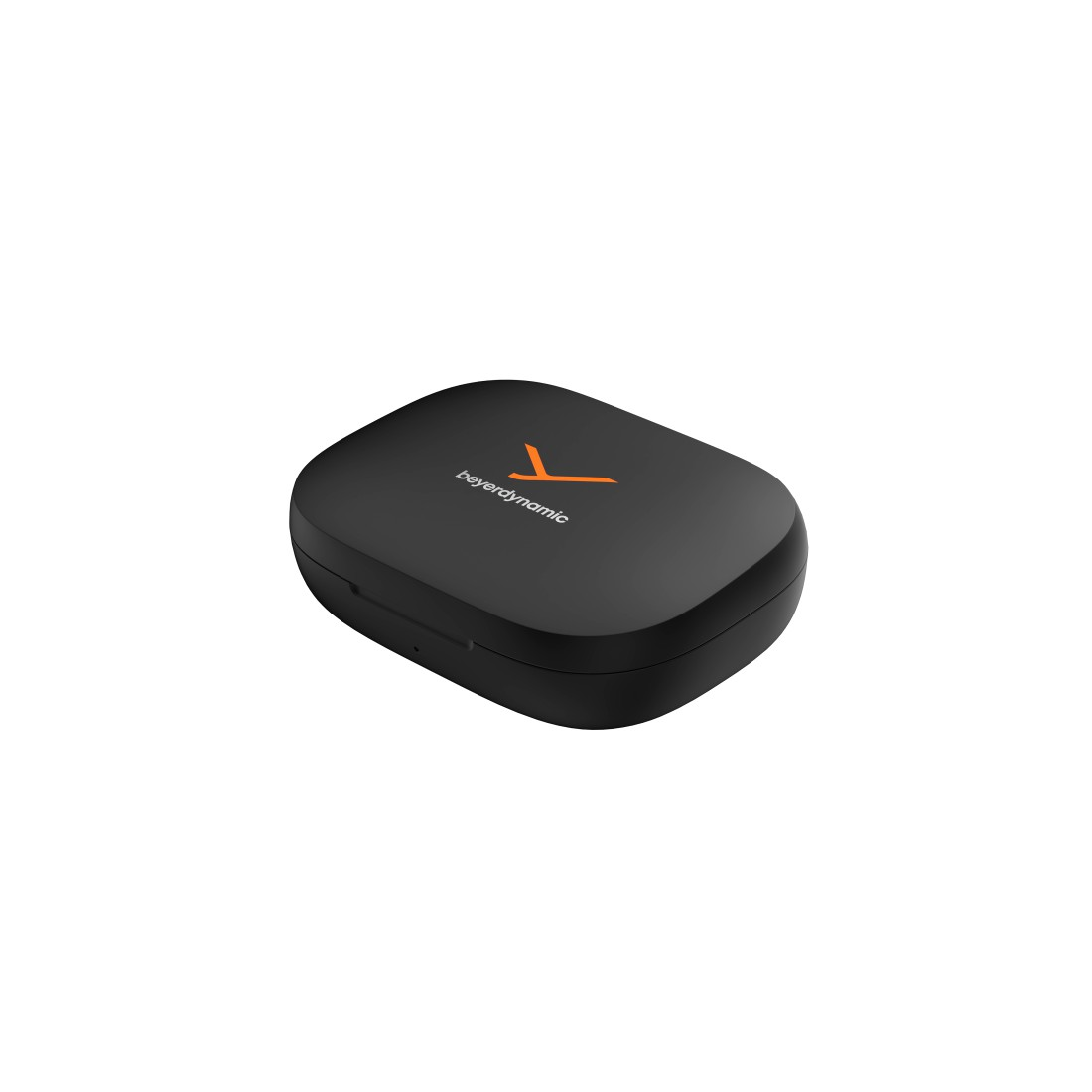 Eine schwarze, ovale Hülle mit orangefarbenem Logo und 'beyerdynamic' oben, vor weißem Hintergrund.