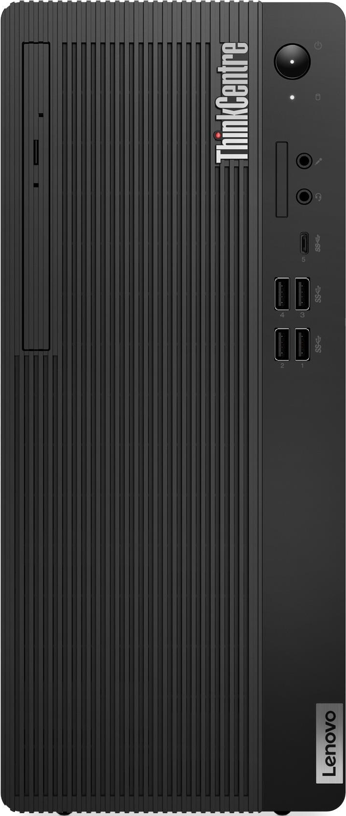 Schwarzer Lenovo ThinkCentre Desktop-Computer. Merkmale: Ein-/Ausschalter, Anschlüsse und ThinkCentre-Logo. Vertikale Linien bedecken die Front.