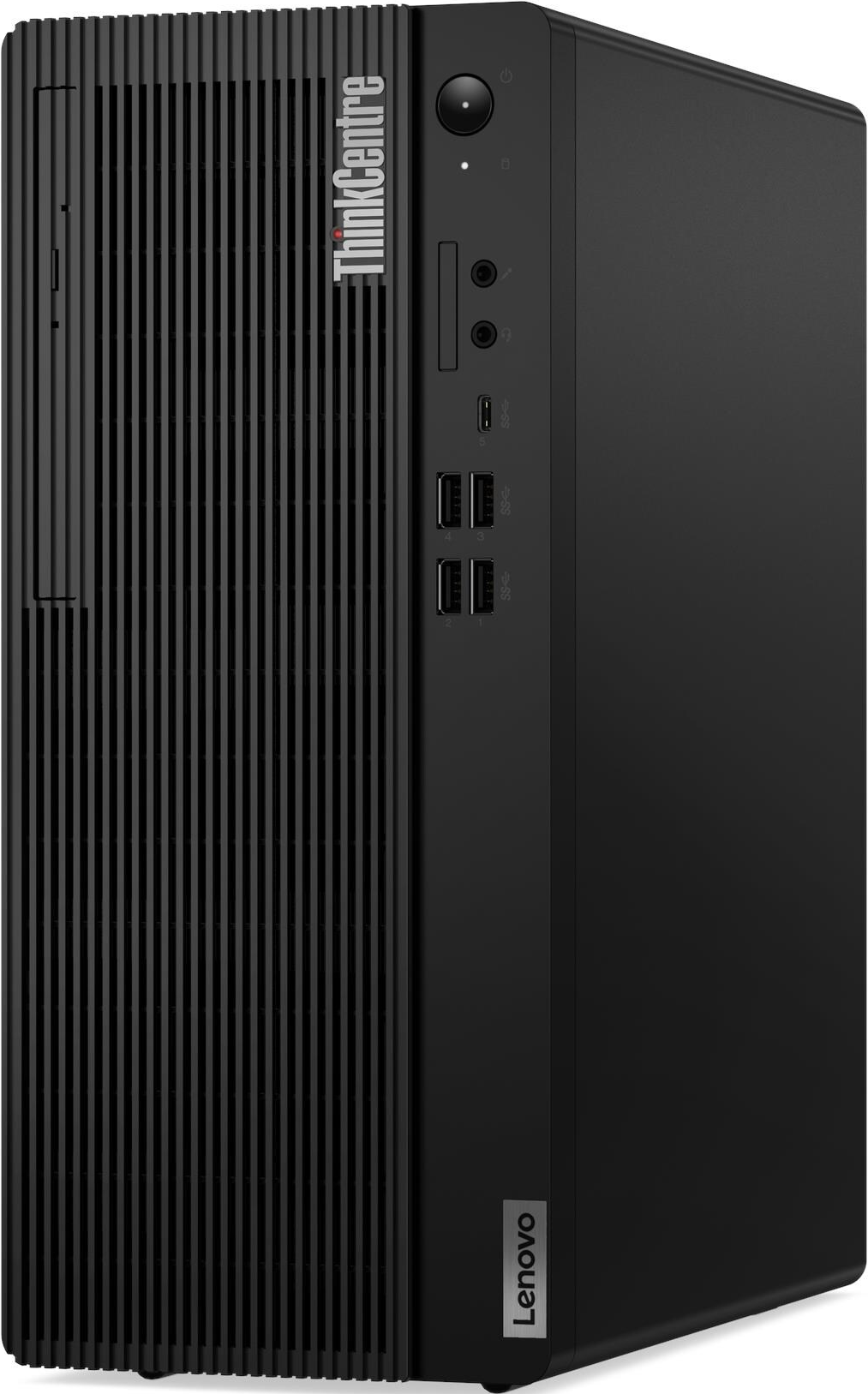 Schwarzer Lenovo ThinkCentre Desktop-Computer. Vertikales Design, mit Ein-/Ausschalter, Anschlüssen und Lenovo-Logo. Die Front hat ein strukturiertes Muster.