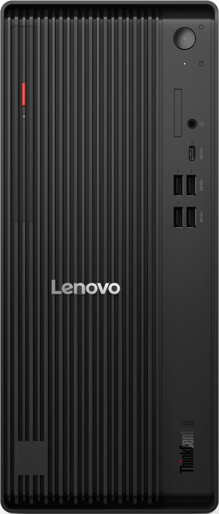 Schwarzer Lenovo ThinkCentre Desktop-Computer. Er hat einen Ein-/Ausschalter, USB-Anschlüsse und eine rote Kontrollleuchte.