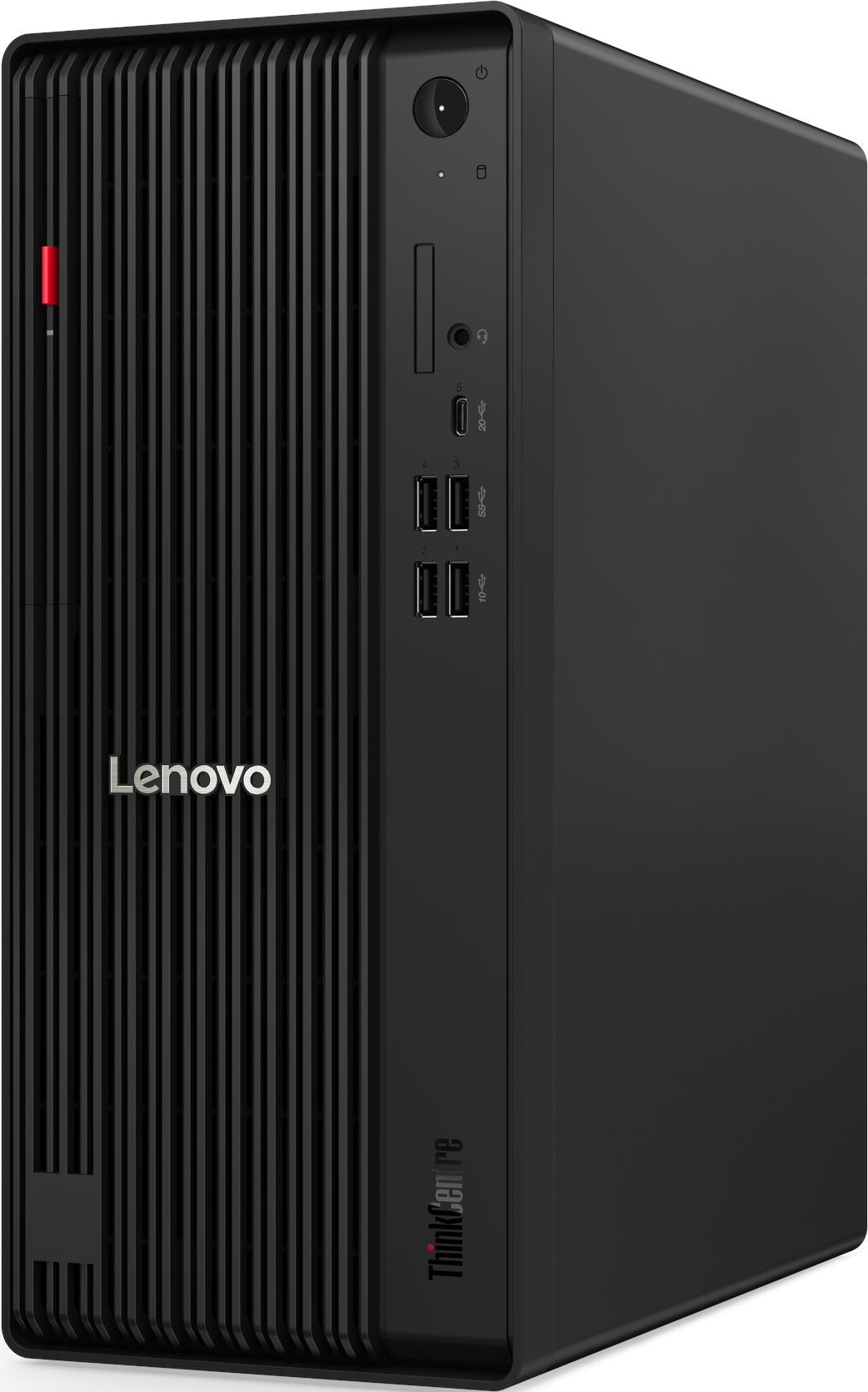 Schwarzer Lenovo ThinkCentre Desktop-Computer. Mit Power-Button, USB-Anschlüssen und vertikalem Streifendesign.