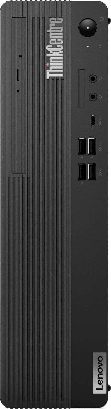 Schwarzer Lenovo ThinkCentre PC. Hat Netzschalter, Anschlüsse und USBs. Mit ThinkCentre- und Lenovo-Logo.