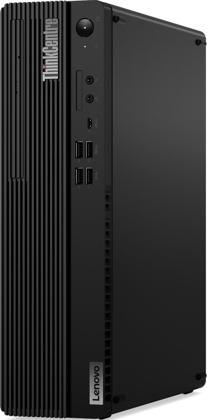 Schwarzer Lenovo ThinkCentre Desktop-Computer. Er hat Strom- und USB-Anschlüsse auf der Vorderseite. Das Lenovo-Logo befindet sich unten.
