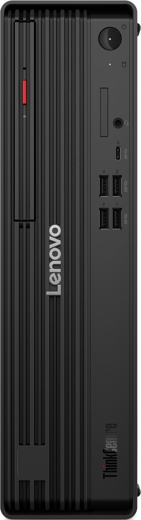 Ein schwarzer Lenovo ThinkCentre-Computer. Er hat einen Netzschalter, Anschlüsse und eine rote Anzeige. Das Design ist vertikal mit Lüftungsschlitzen.