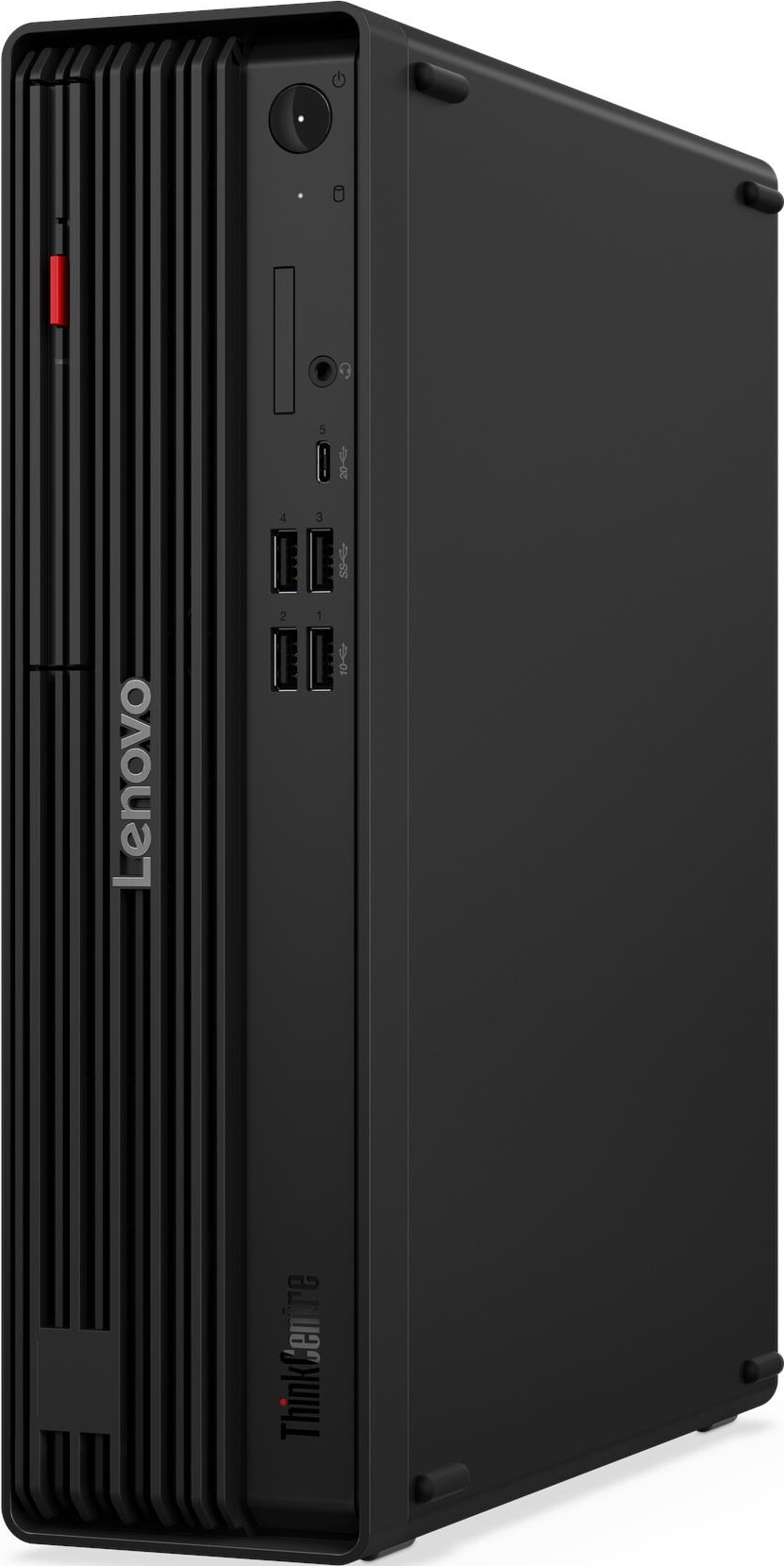 Schwarzer Lenovo ThinkCentre Desktop-Computer. Merkmale: Ein-/Ausschalter, USB-Anschlüsse und ein roter Balken. Vertikales Design mit Lenovo Logo.