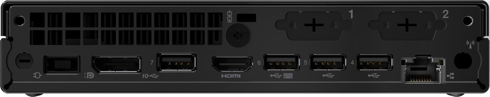 Schwarze Rückwand eines Computers mit verschiedenen Anschlüssen, einschließlich Display, USB, HDMI und Ethernet. Die Zahlen 1, 2, 4, 5, 6, 7 und 10 sind sichtbar.