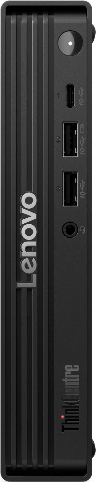 Schwarzer Lenovo ThinkCentre Computer. Vertikales Design mit Anschlüssen, Ein-/Aus-Taste und Logo. Rotes Licht.