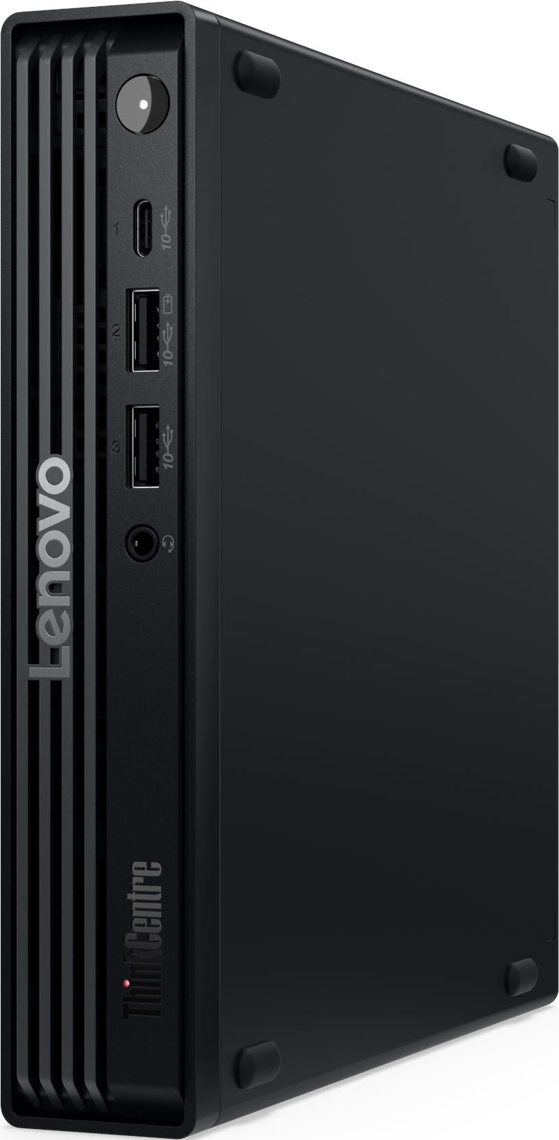 Ein schwarzer Lenovo ThinkCentre Desktop-Computer. Er hat Anschlüsse, das Lenovo-Logo und ThinkCentre-Branding. Gummifüße sind sichtbar.