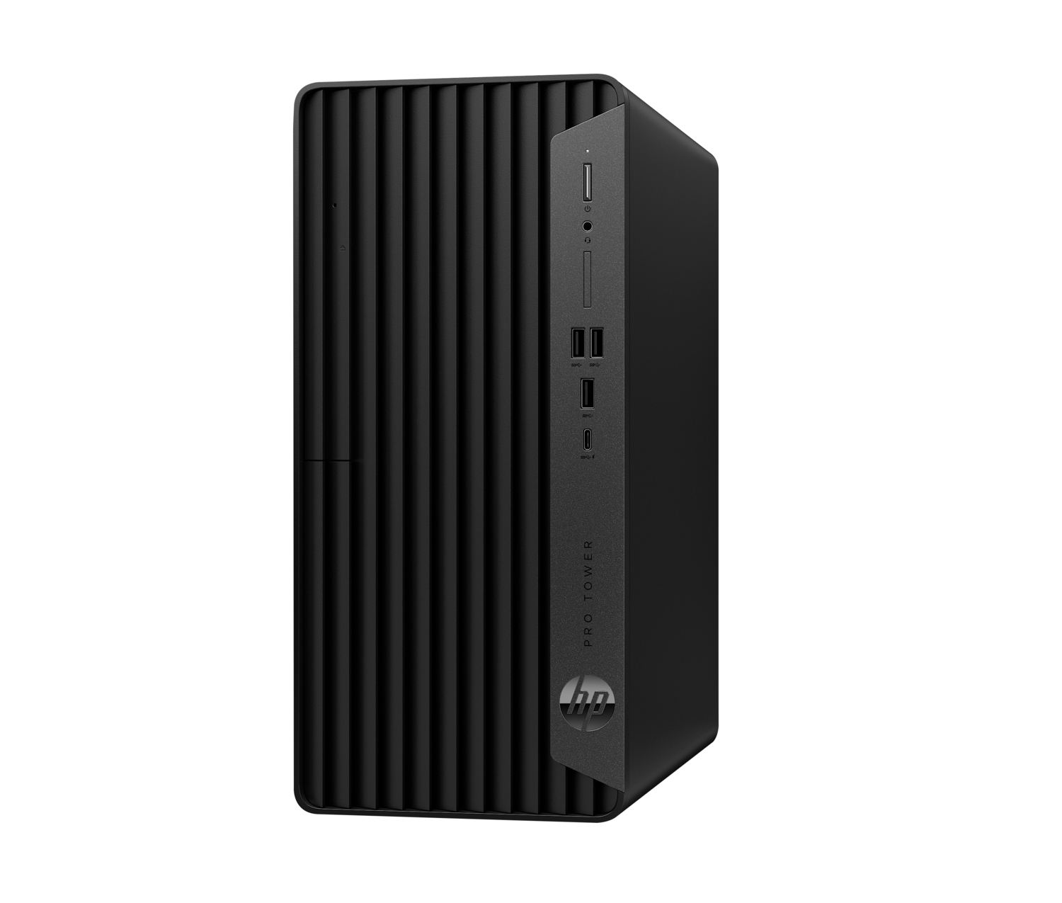 Una computadora de escritorio HP Pro Tower negra. Tiene líneas verticales en el panel frontal y varios puertos en el lateral.