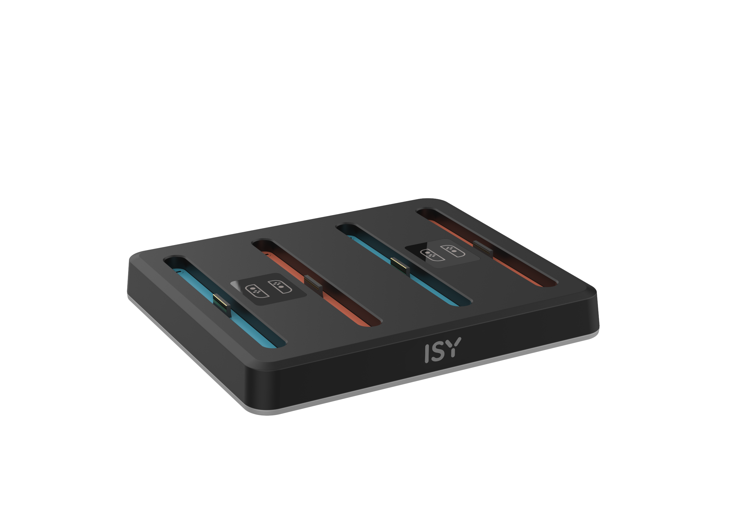 Eine schwarze Dockingstation mit blauen und orangefarbenen Schlitzen. Der Markenname ISY ist sichtbar.