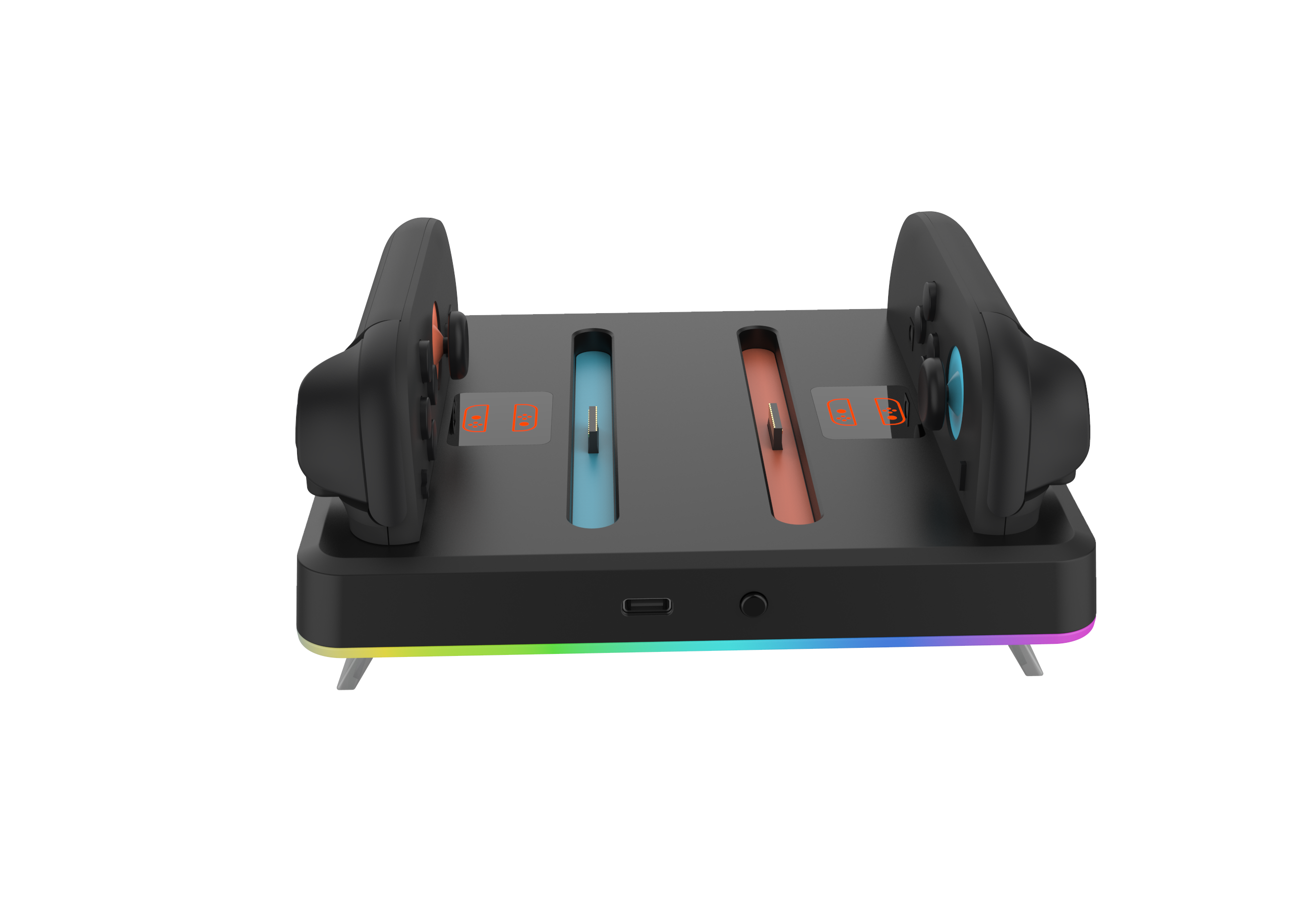 Schwarze Gamecontroller-Ladestation mit zwei angeschlossenen Controllern. Verfügt über farbige Lichter und einen schwarzen Hintergrund.