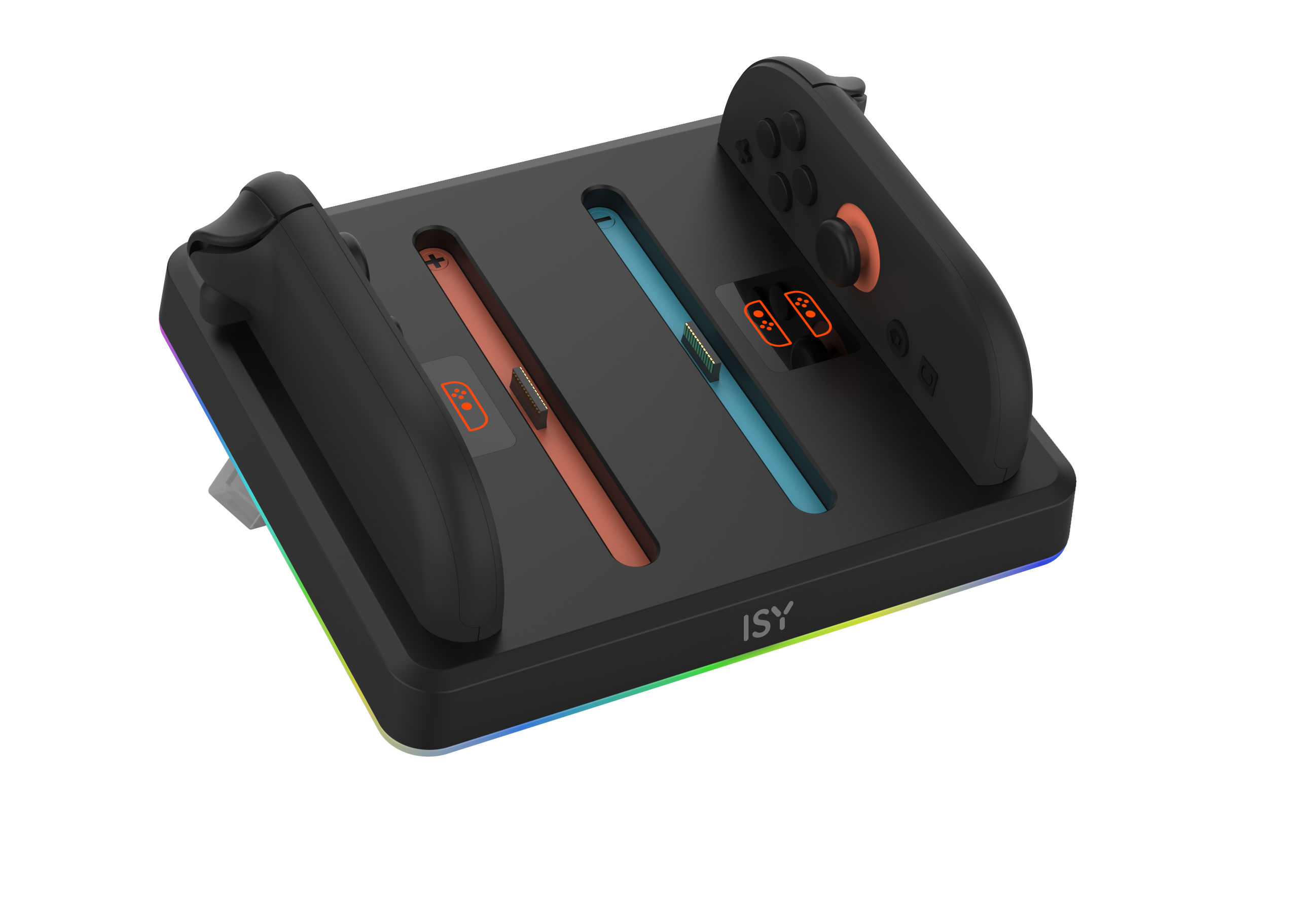 Schwarze Gamecontroller-Ladestation mit zwei Controllern. Orange und blaue Akzente, mit ISY-Logo.