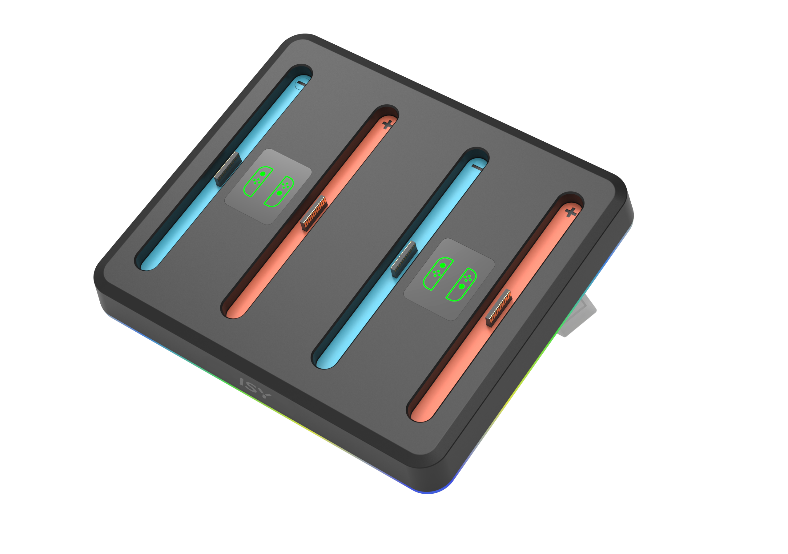 Eine schwarze Ladestation mit blauen und orangefarbenen Schlitzen für Controller. Die Dockingstation hat grüne Symbole und einen Regenbogenrand.