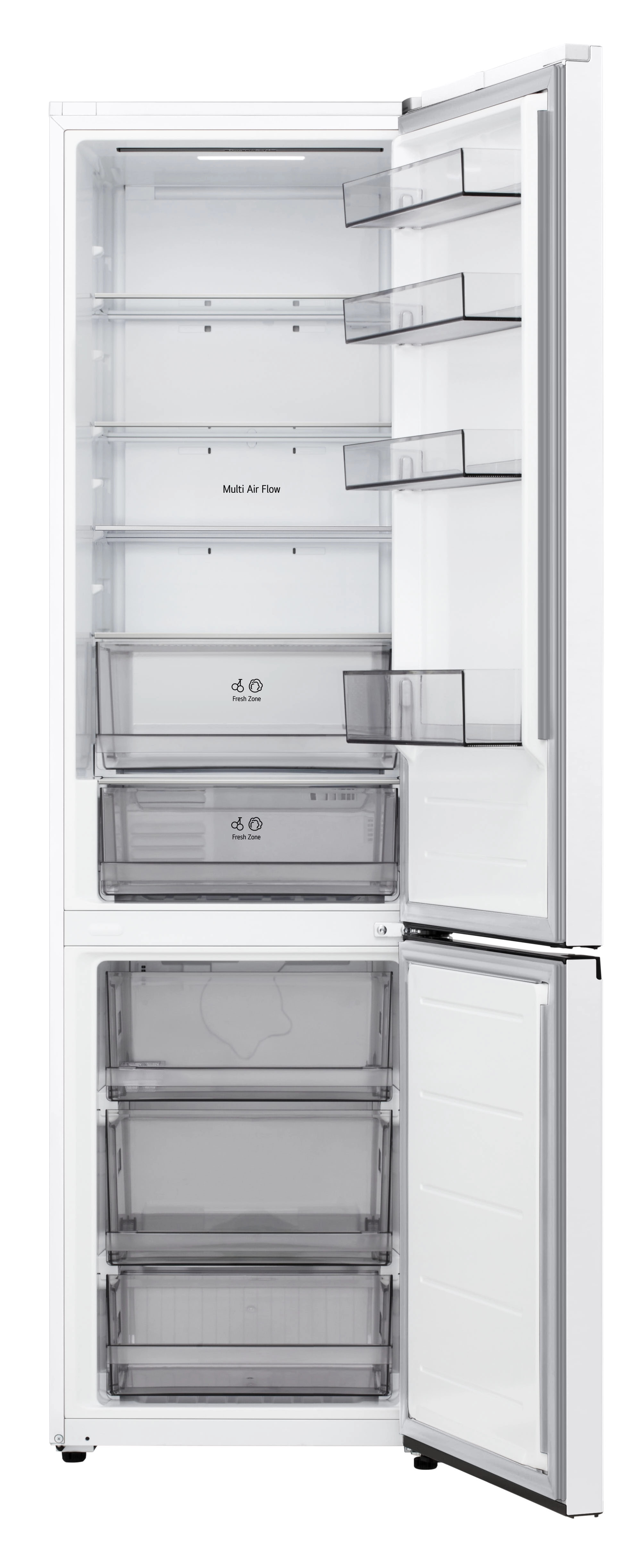 Otwarta biała lodówka z pustymi półkami i szufladami. Widoczne etykiety 'Multi Air Flow' i 'Fresh Zone'.