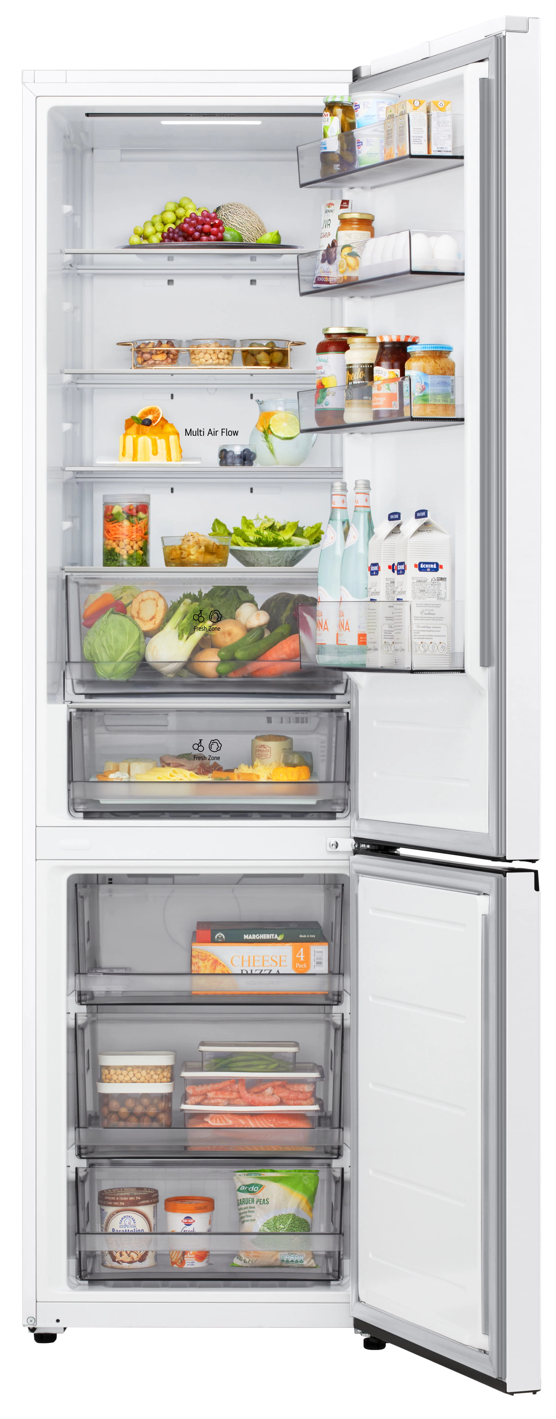 Otwarta biała lodówka wypełniona owocami, warzywami, napojami, serem i mrożonkami. Drzwi są uchylone.