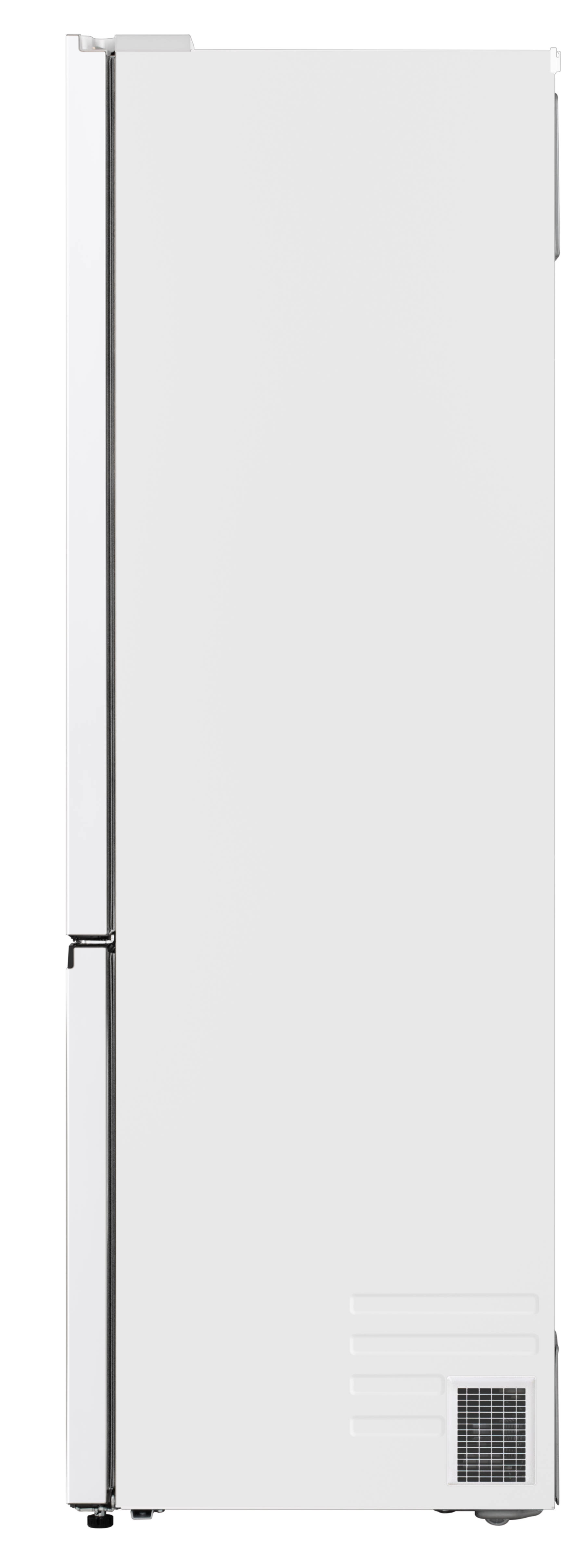 Biała lodówka stoi pionowo, z drzwiami z czarnym obramowaniem i wentylacją po prawej stronie. Prosty design.