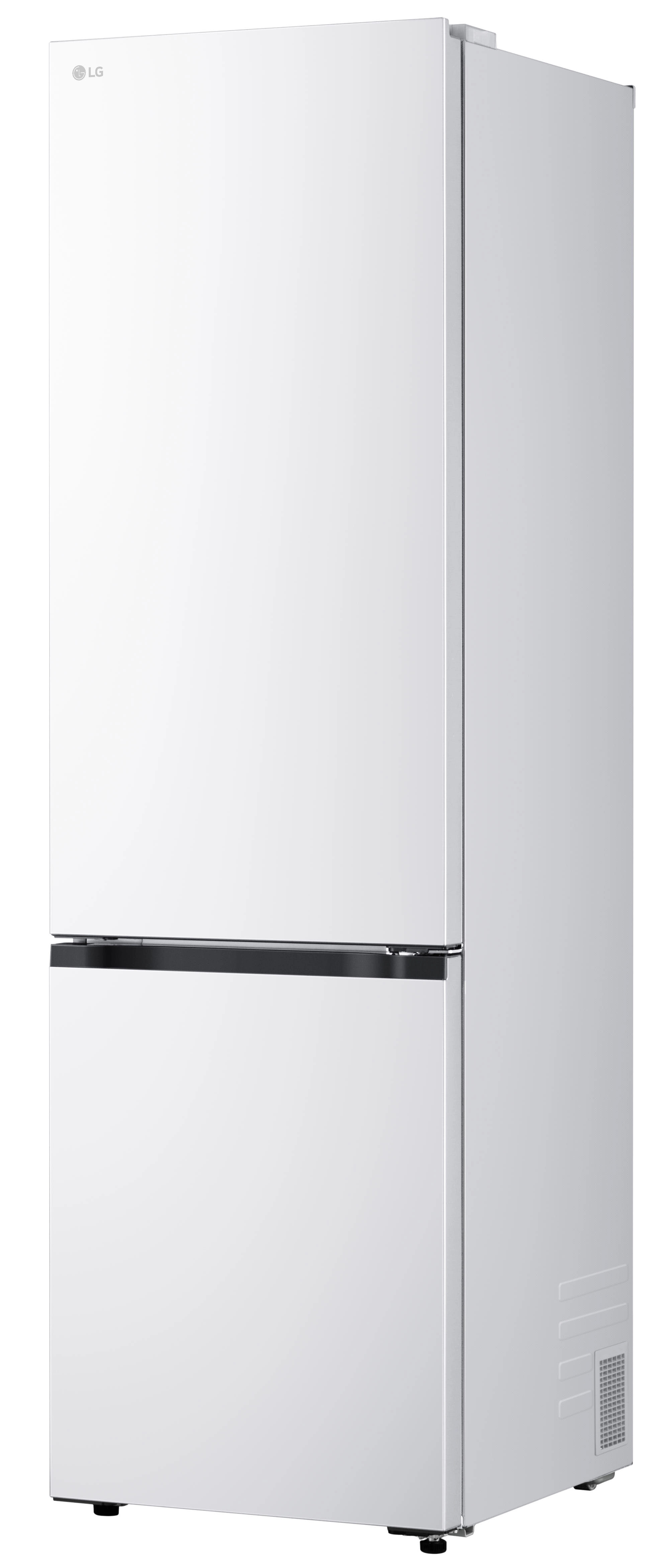 Biała lodówka LG. Górne drzwi mają logo LG, a dolne czarny uchwyt. Nowoczesny, elegancki design.