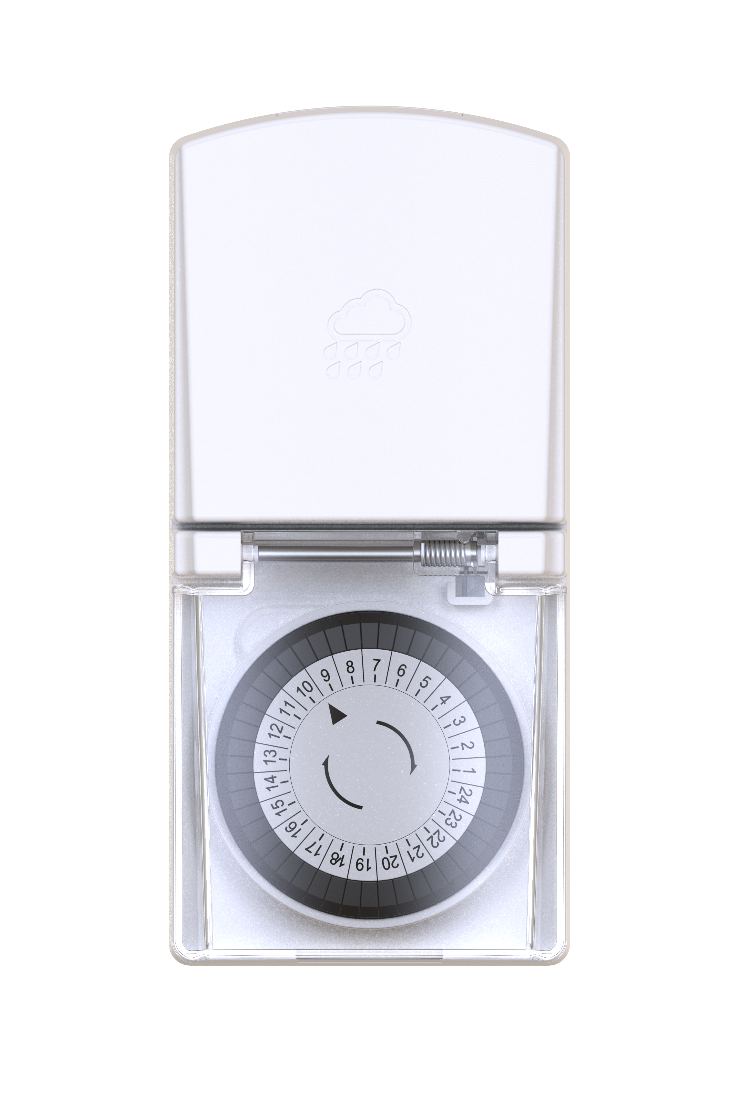 Ein weißer Timer mit grauem Zifferblatt und Zahlen. Der Deckel hat ein Regenwolken-Symbol. Schwarzer Hintergrund.