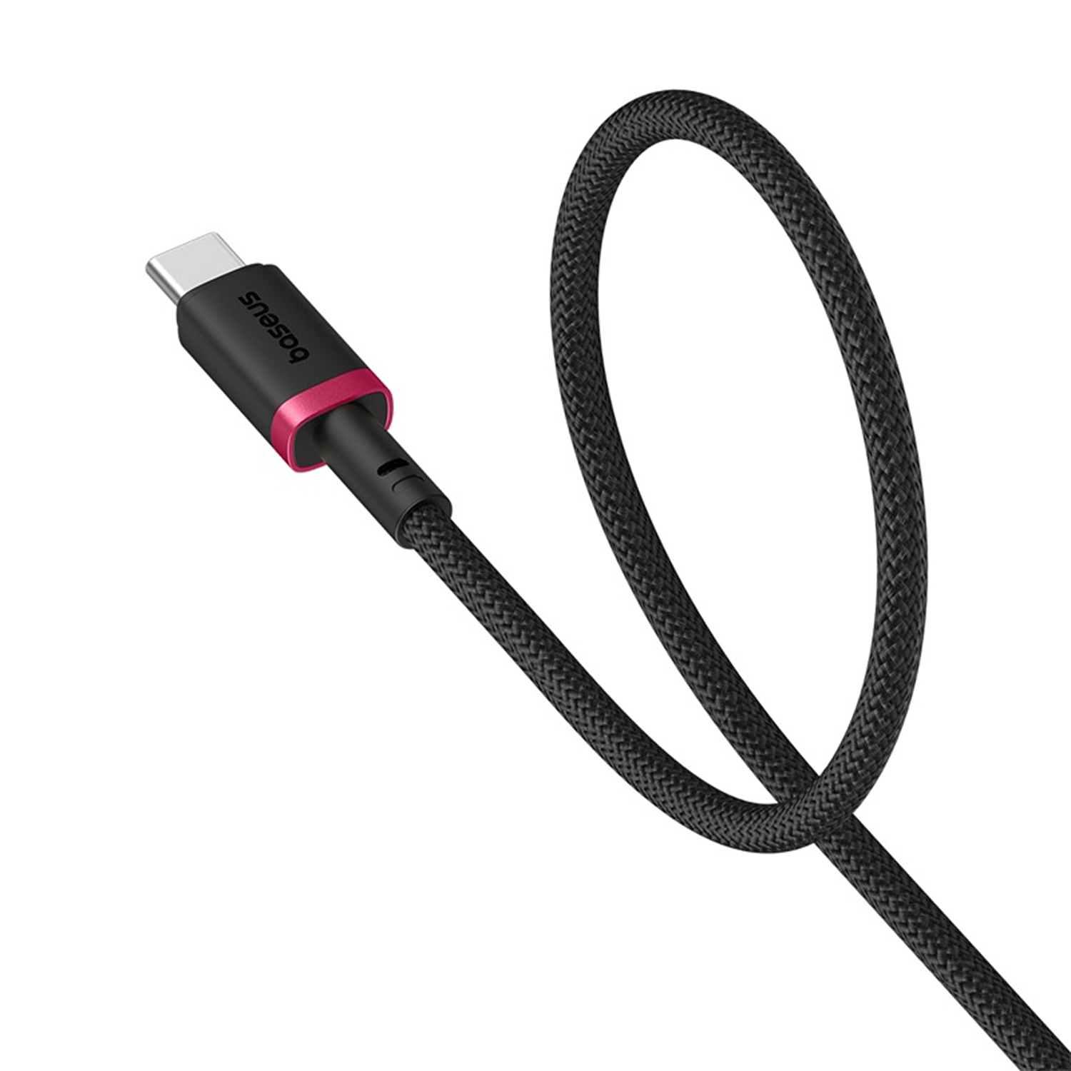 Un cable USB-C negro con un acento rosa. El cable está en bucle y tiene una textura trenzada. El conector está etiquetado como 'Baseus'.