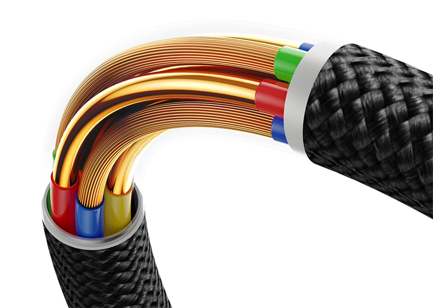Primer plano de un cable. Se ven cables de cobre, cables de colores y una capa exterior negra trenzada. Los cables se curvan con gracia.