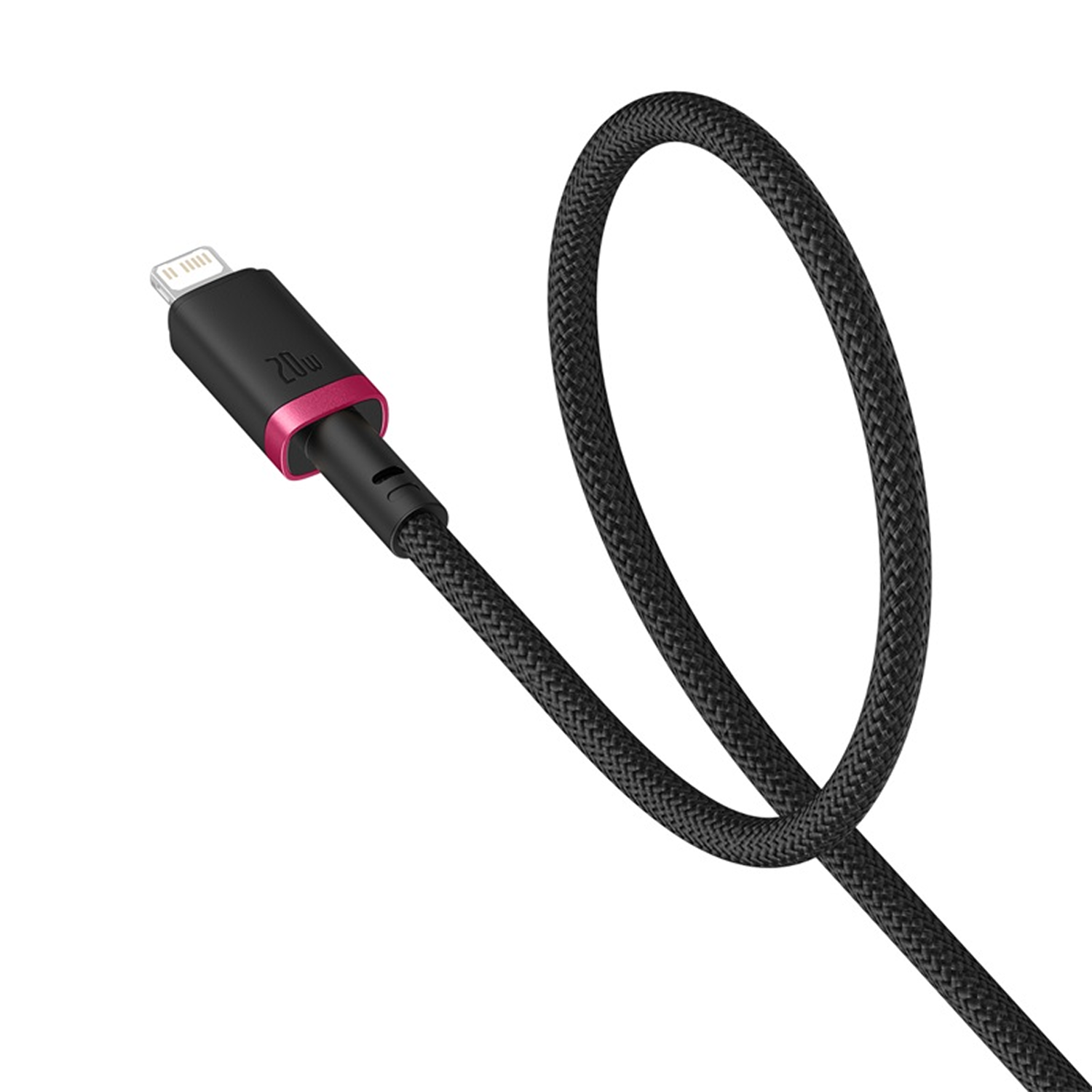 Un cable de carga negro y rosa con diseño trenzado sobre fondo blanco.