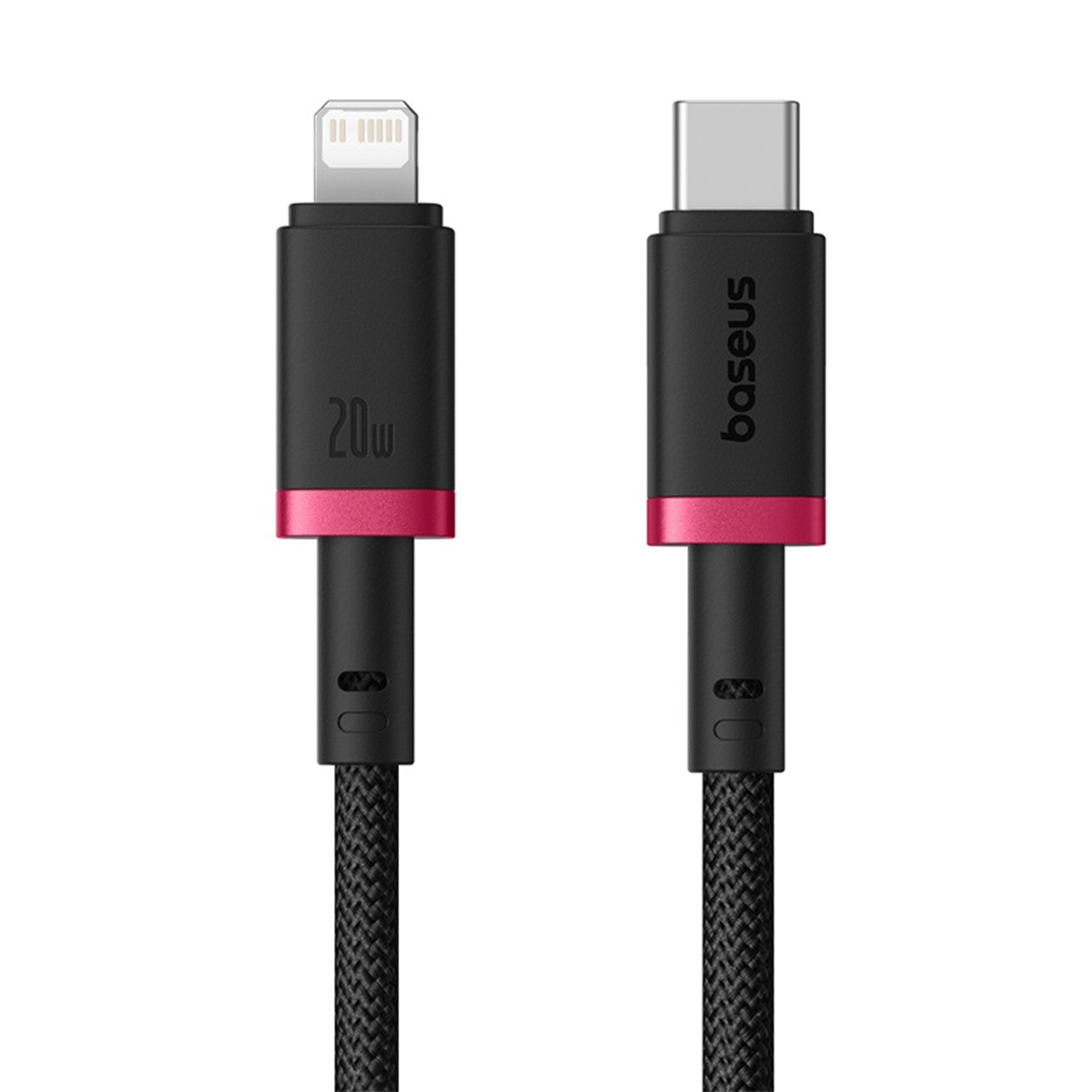 Dos cables de carga negros con detalles rosas. Uno tiene conector Lightning, el otro USB-C. Visible el logo 'Baseus'.