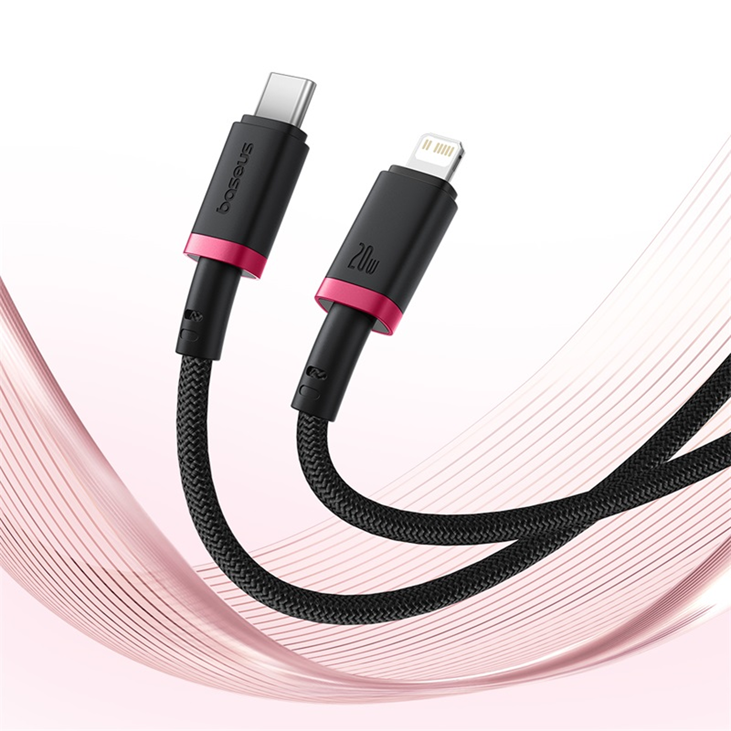 Dos cables de carga negros con detalles rosas. Uno es USB-C, el otro Lightning. Cables con diseño trenzado, sobre fondo de ondas rosas.