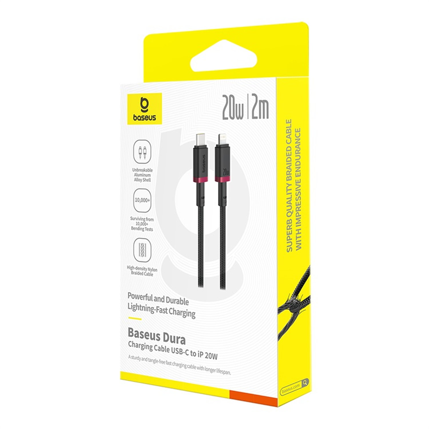 Cable de carga Baseus Dura en una caja amarilla y blanca. El cable es negro con detalles rojos. El texto en la caja indica 20W y 2m.
