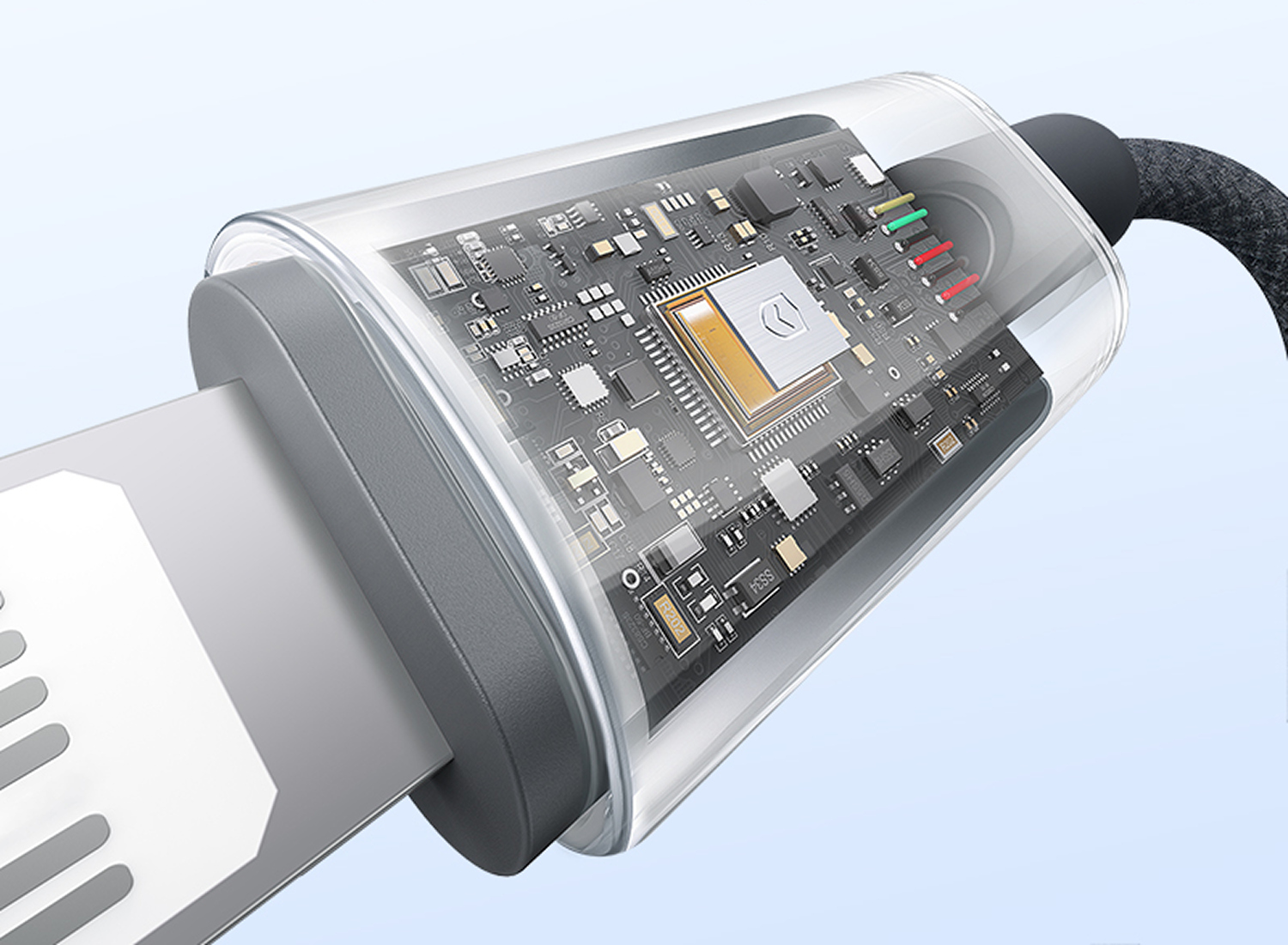 Primer plano de un conector de cable USB-C. El plástico transparente revela la placa de circuito interna. Cables y chips visibles.