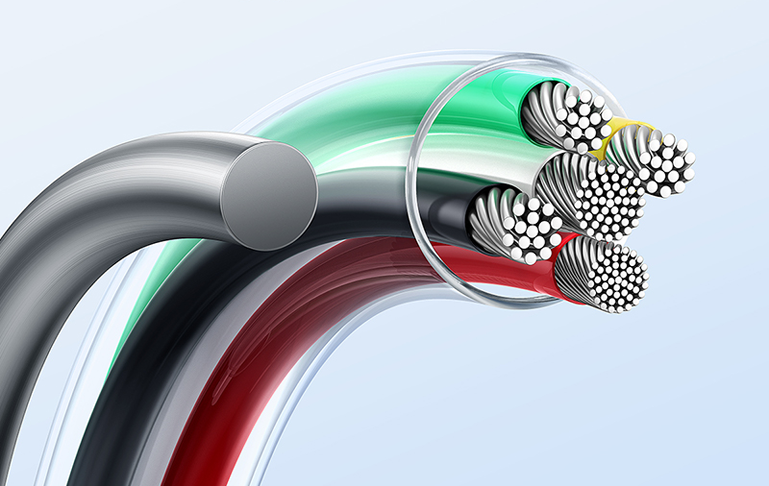 Corte transversal de cables eléctricos con cables verdes, negros, rojos y plateados, mostrando la estructura interna del cable. Diseño claro y moderno.
