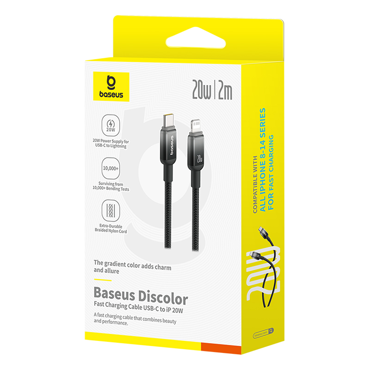 Caja de cable de carga Baseus Discolor. Caja amarilla y blanca con imágenes de cables e información del producto. Cable USB-C a Lightning.