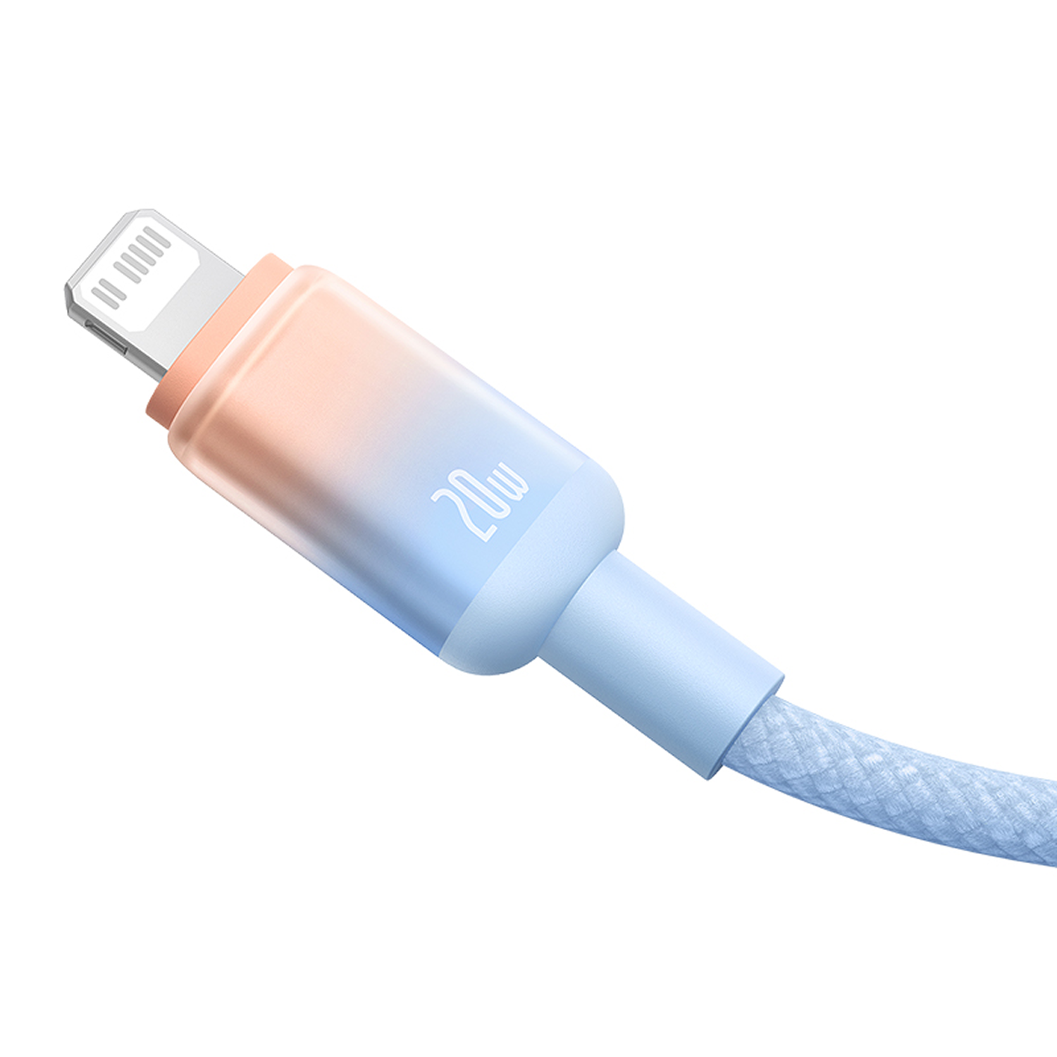 Un cable de carga con degradado azul claro y melocotón. El cable tiene un conector metálico y un cable trenzado azul claro.