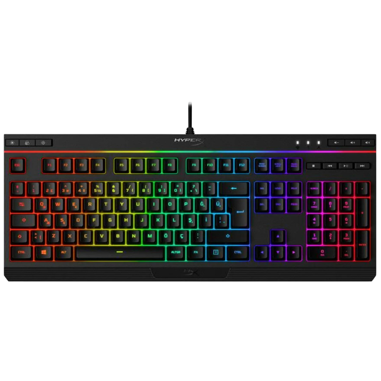 Gökkuşağı renkli tuşlara sahip siyah bir klavye. Marka HyperX'tir. Tuşlar harfler, sayılar ve sembollerle etiketlenmiştir.