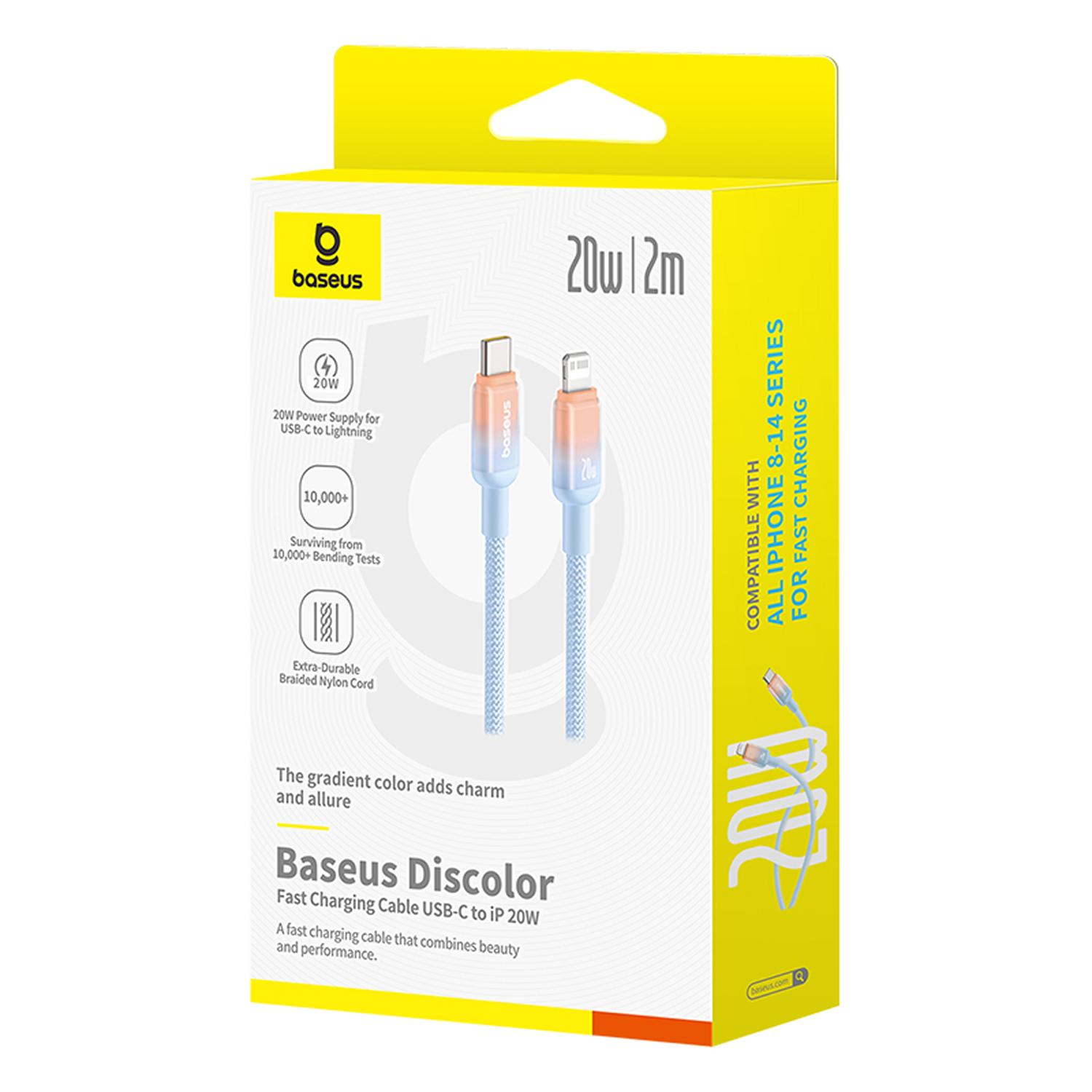 Caja de cable de carga Baseus Discolor. Caja amarilla y blanca con imagen del cable. Texto incluye '20W', 'Carga rápida' y 'USB-C a iP'.