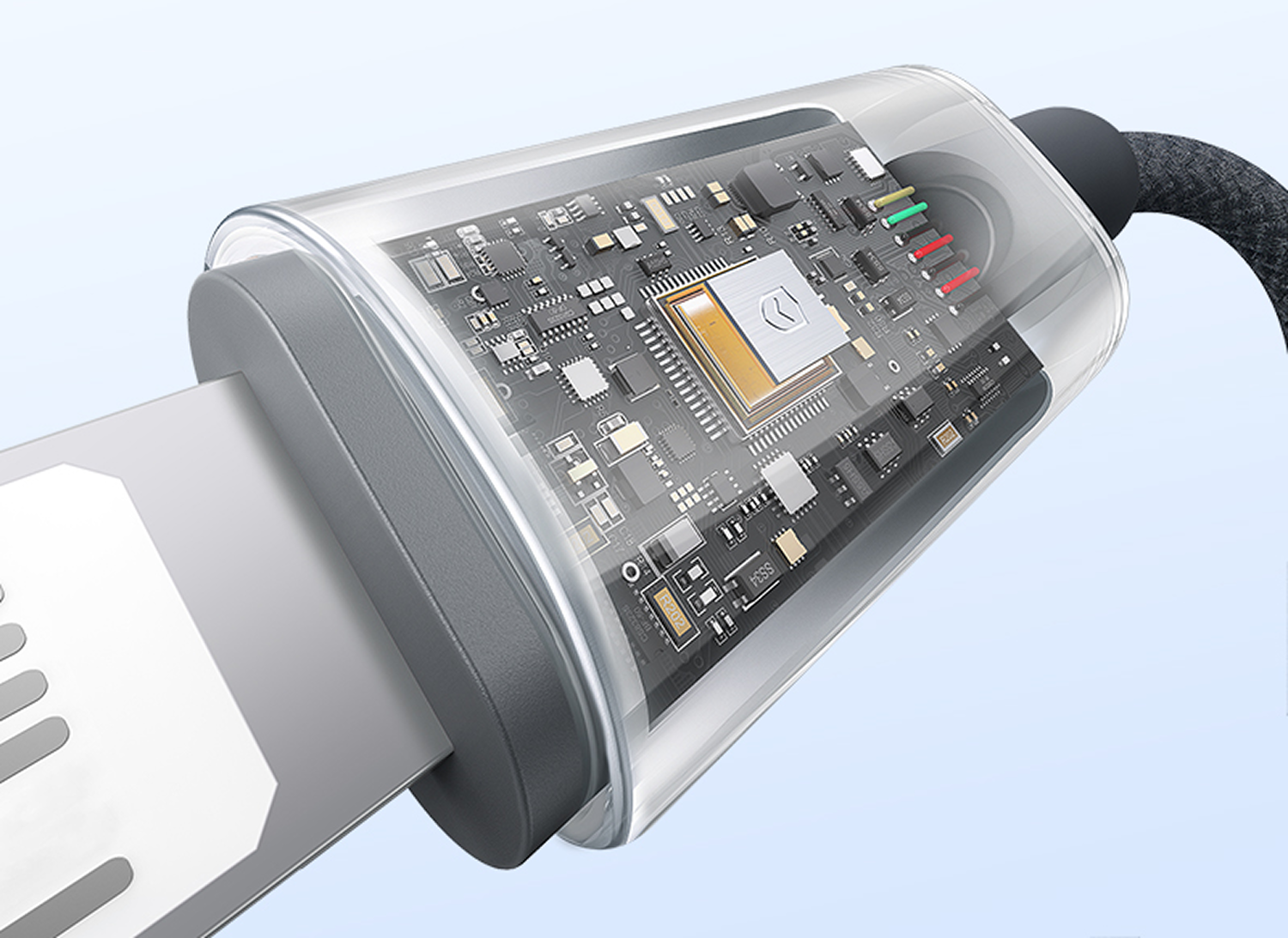 Primer plano de un conector de cable USB-C. La carcasa transparente revela la circuitería interna con cables rojos y verdes.