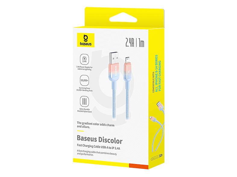 Cable USB a Lightning - Baseus DISCOLOR, USB, Carga rápida, trenzado ultrarresistente de 200 cm, 2.4A, Universal, Azul – imagen 2