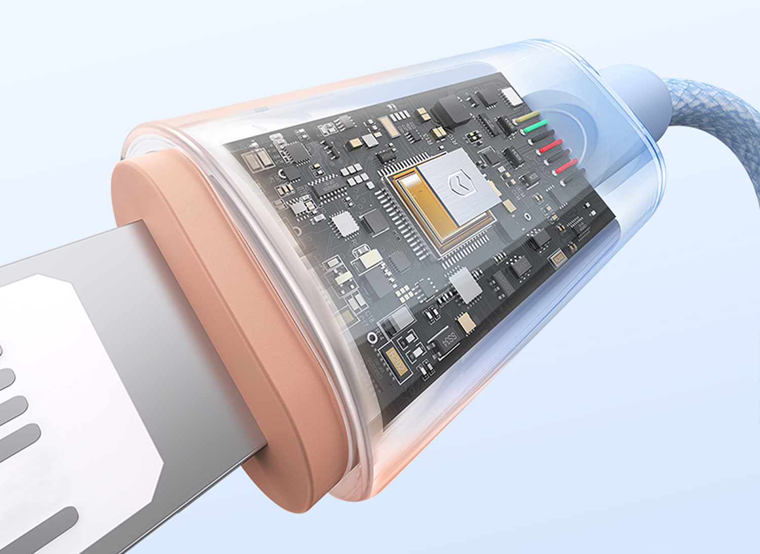 Primer plano de un conector de cable USB-C con una placa de circuito en el interior, encapsulado en una cubierta transparente. Fondo azul.
