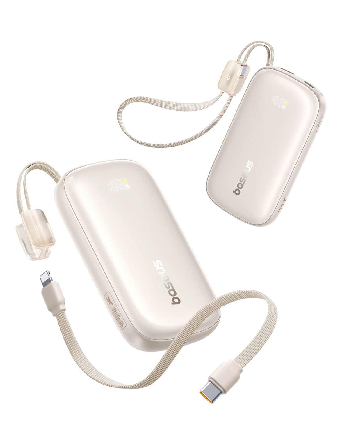 Dos bancos de energía Baseus blancos con correas y cables de carga adjuntos sobre fondo blanco. Uno muestra 100% de carga.