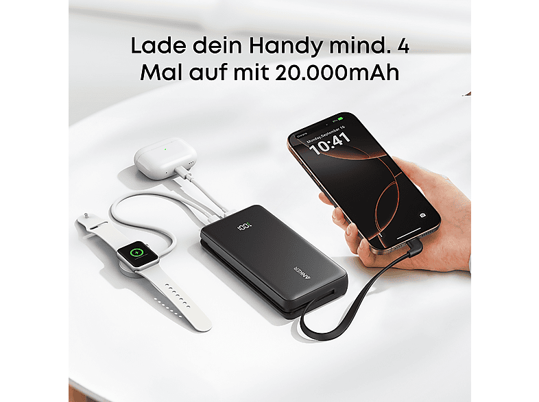 Thumbnail - ANKER Powerbank mit USB-C Kabel (Schmal, PD), 20000 mAh Schwarz