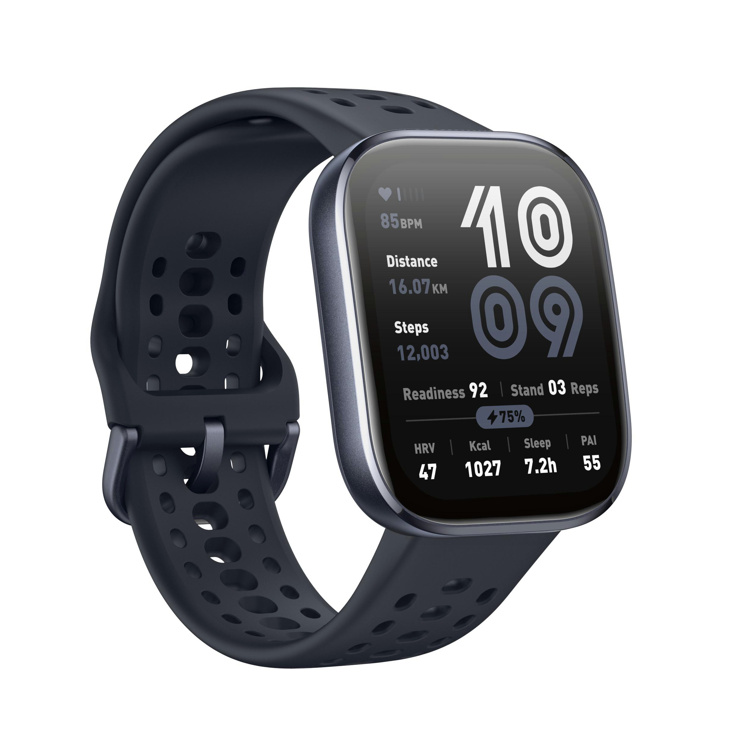 Eine dunkle Smartwatch zeigt Daten auf einem Bildschirm an. Sie zeigt Herzfrequenz, Distanz, Schritte, Bereitschaft und andere Gesundheitsdaten.
