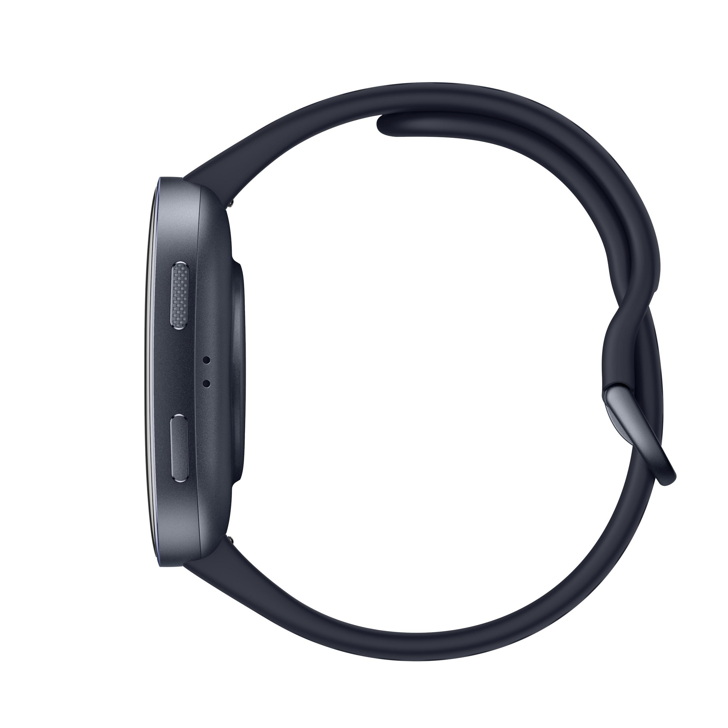Eine dunkle Smartwatch mit gebogenem Armband wird angezeigt. Es befindet sich auf weißem Hintergrund.