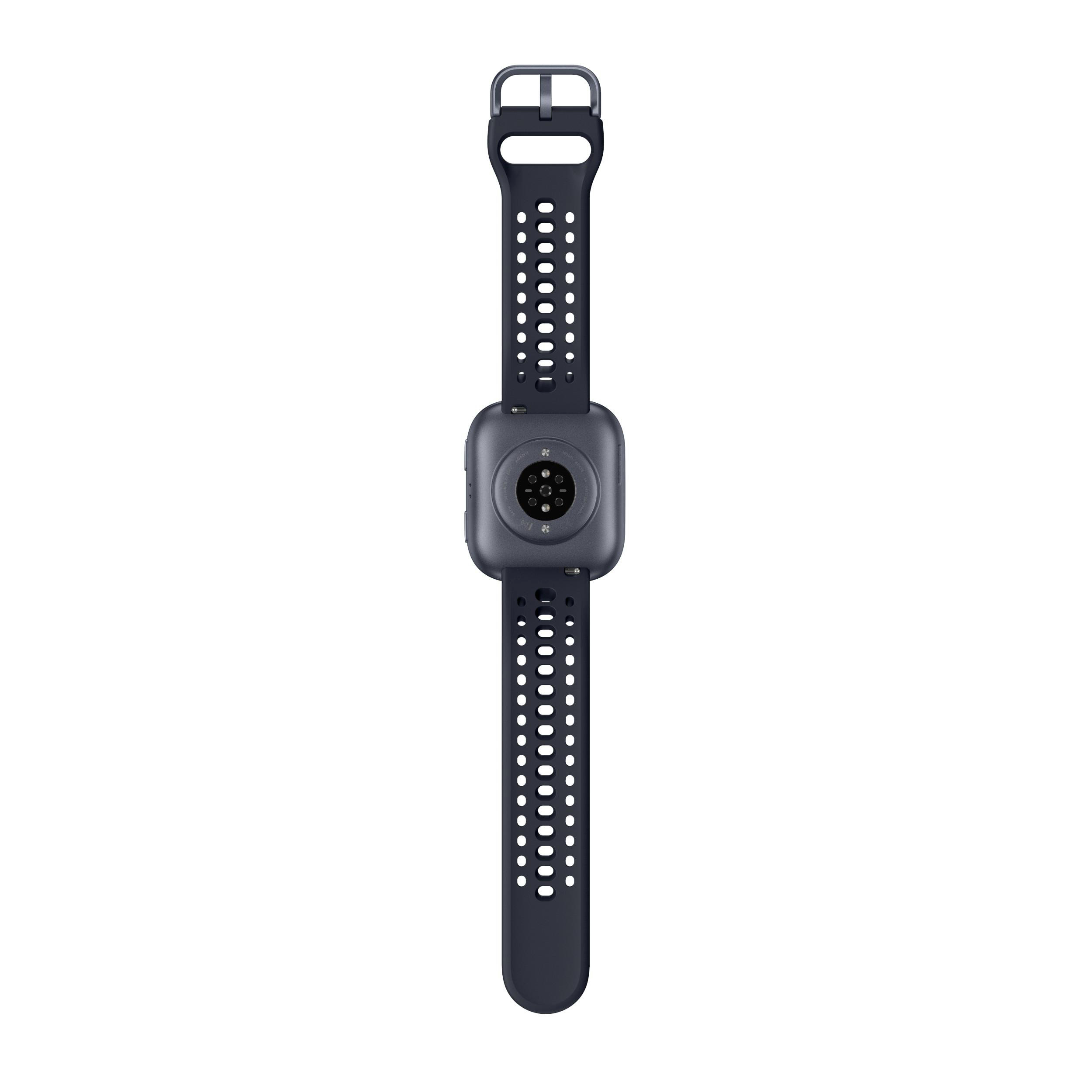 Eine dunkelblaue Smartwatch mit perforiertem Armband ist zentriert. Das Zifferblatt zeigt Sensoren.