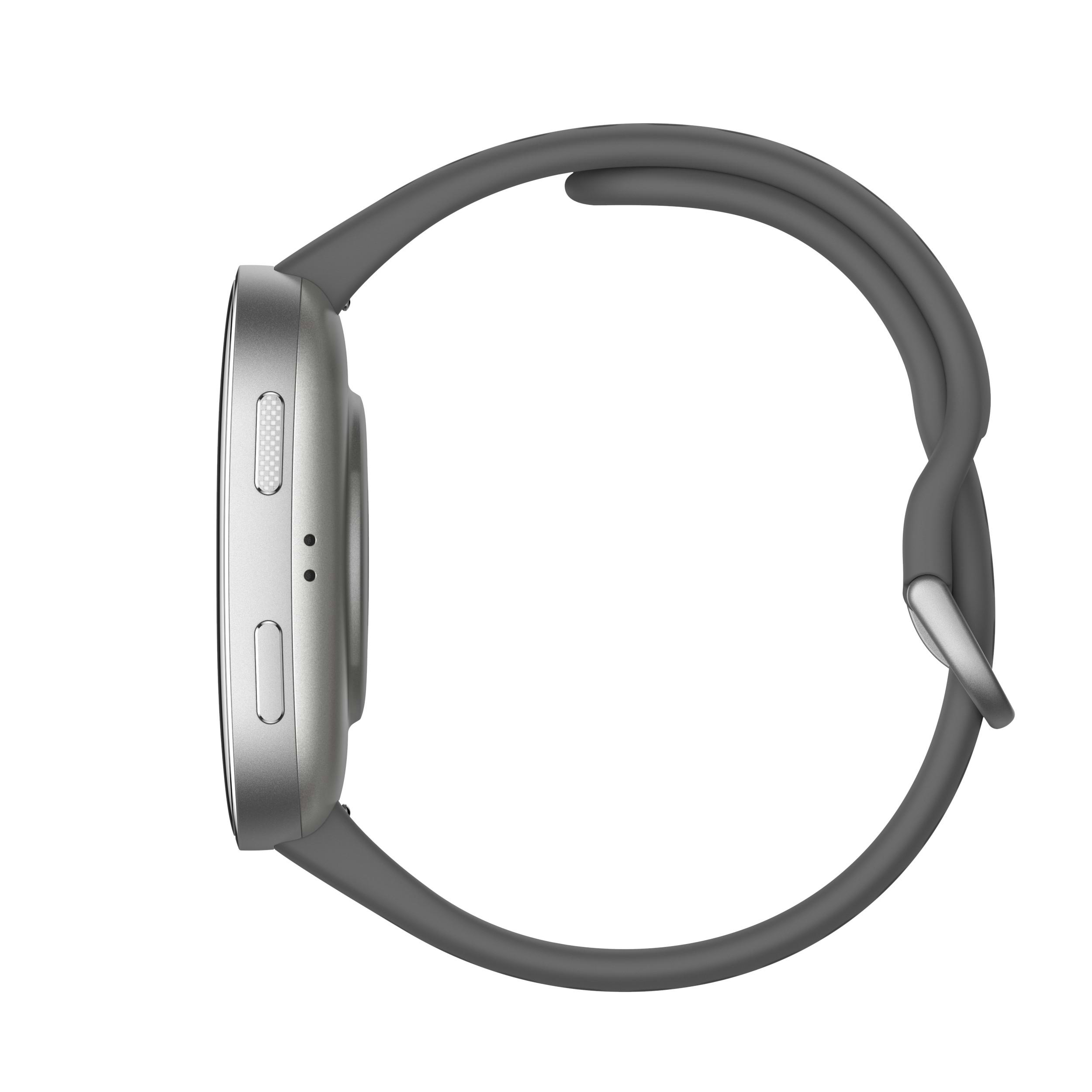 Seitenansicht einer Smartwatch mit grauem Armband und silbernem Zifferblatt, freigestellt auf weißem Hintergrund.