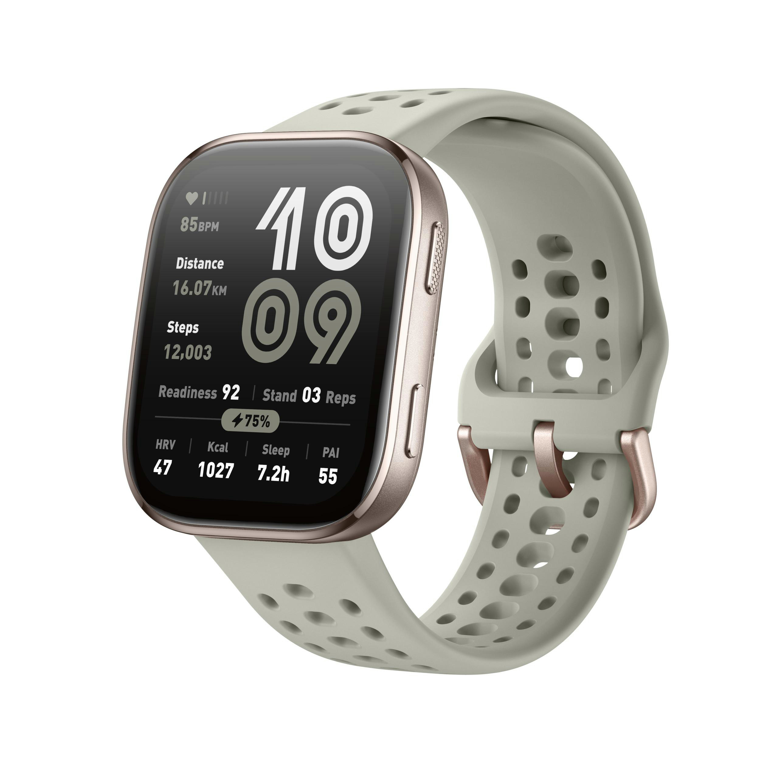 Eine Smartwatch mit cremefarbenem Armband zeigt Fitnessdaten wie Schritte, Distanz und Herzfrequenz an.