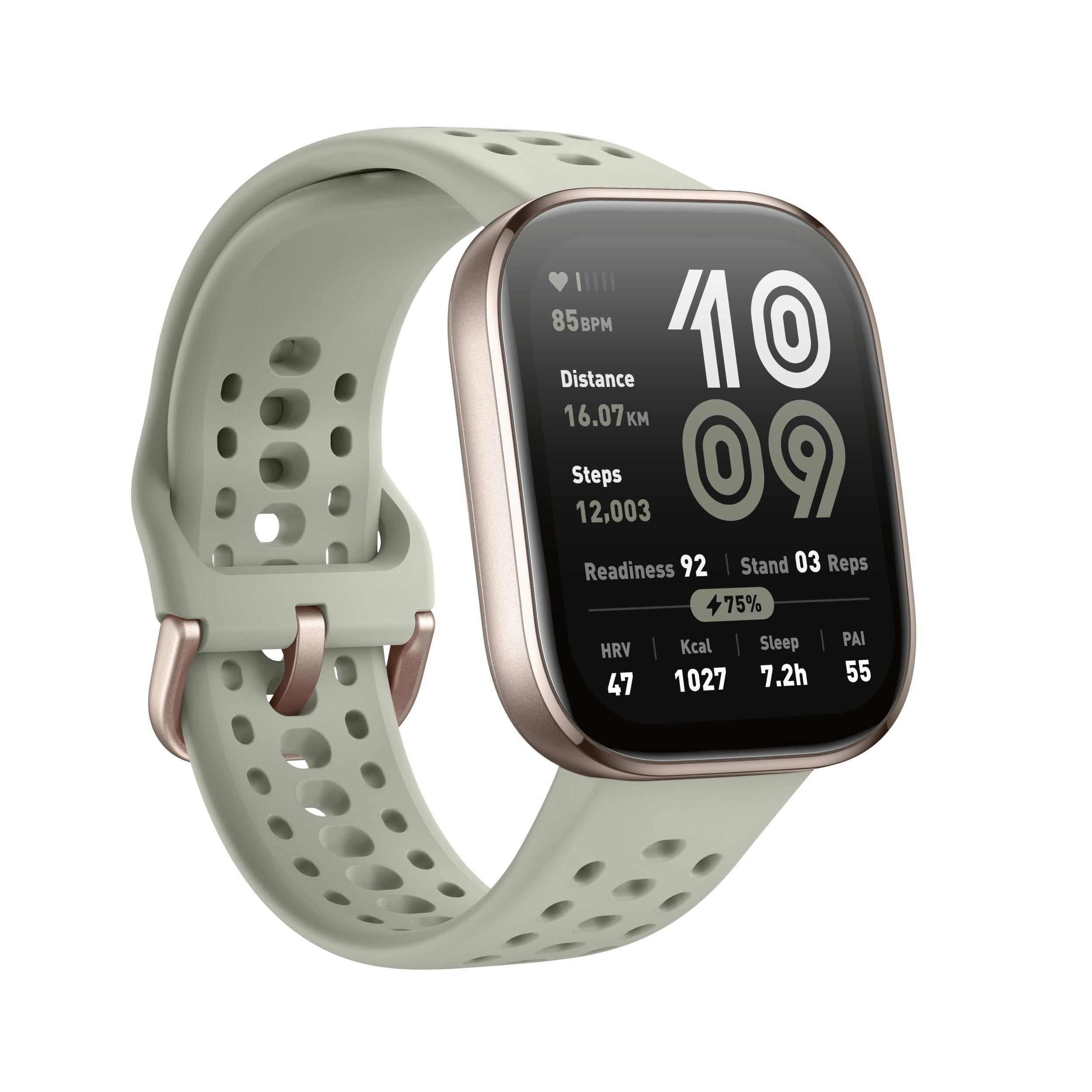 Eine Smartwatch mit cremefarbenem Armband zeigt Fitnessdaten wie Herzfrequenz, Distanz und Schritte an. Die Uhr ist vor weißem Hintergrund.