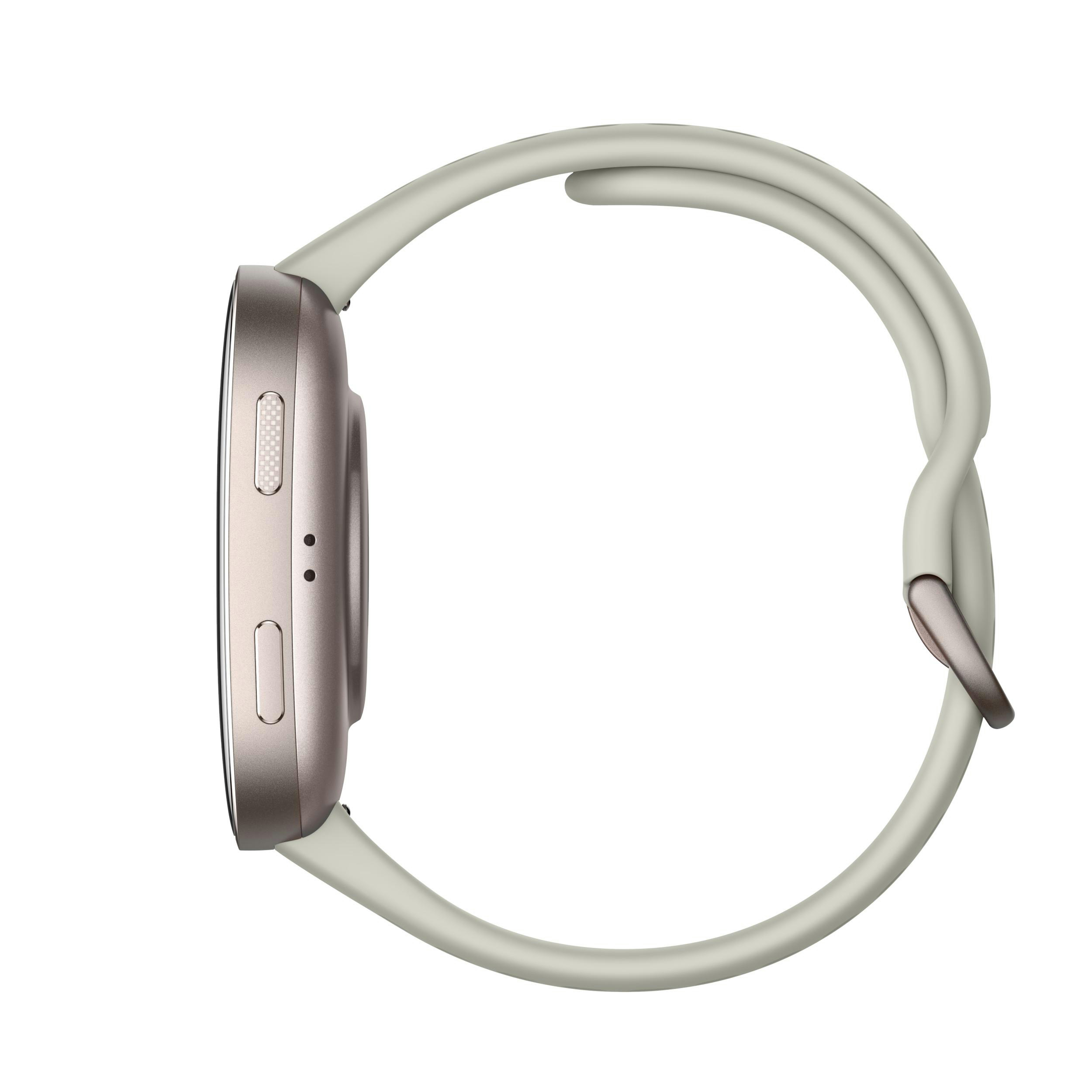 Seitenansicht einer Smartwatch mit hellgrauem Armband und metallgrauem Zifferblatt. Das Armband bildet eine Schlaufe.