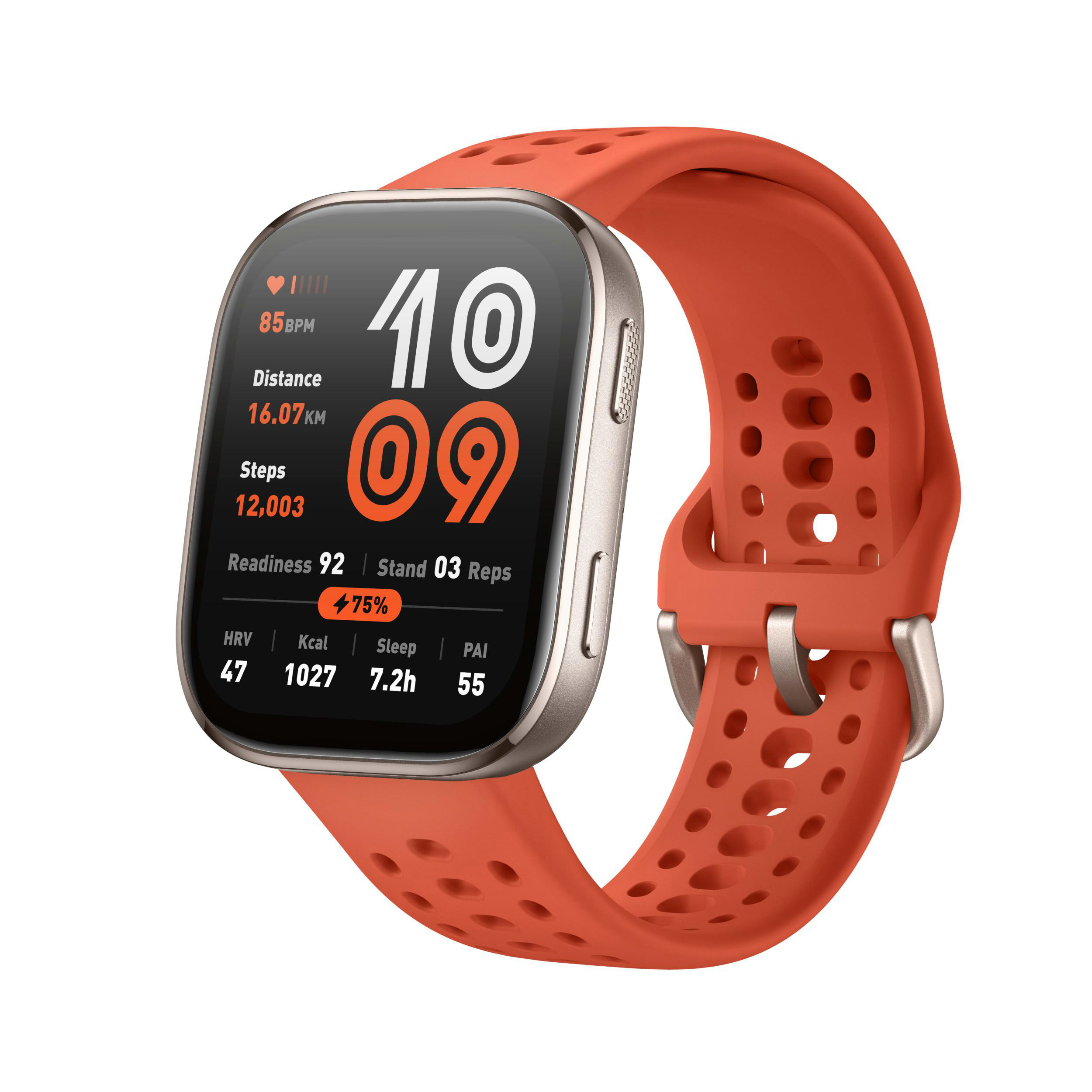 Eine Smartwatch mit orangefarbenem Armband zeigt Gesundheitsmetriken auf schwarzem Bildschirm, isoliert.
