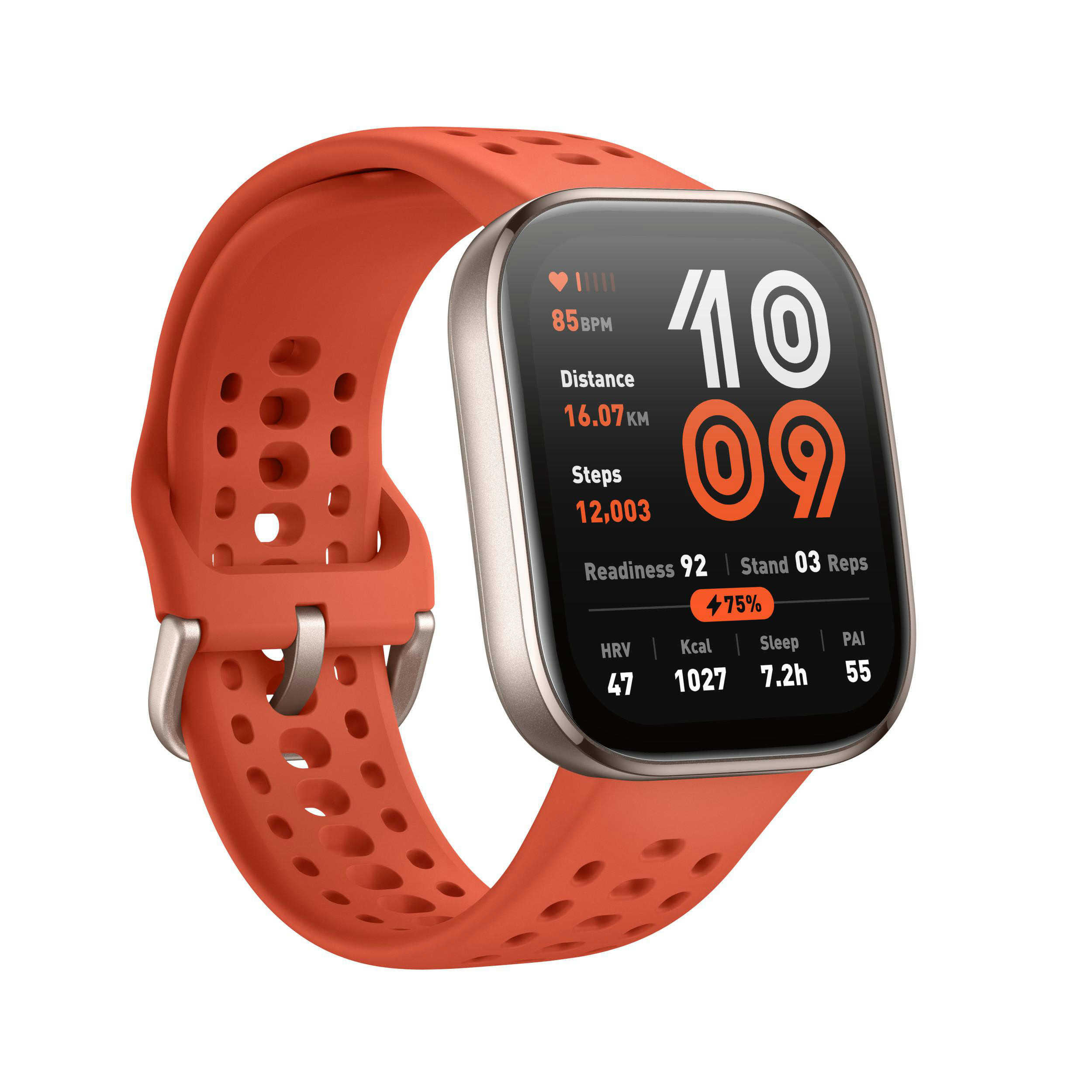 Eine orangefarbene Smartwatch zeigt Fitnessdaten wie Herzfrequenz, Distanz, Schritte und Schlafdauer auf einem schwarzen Bildschirm.