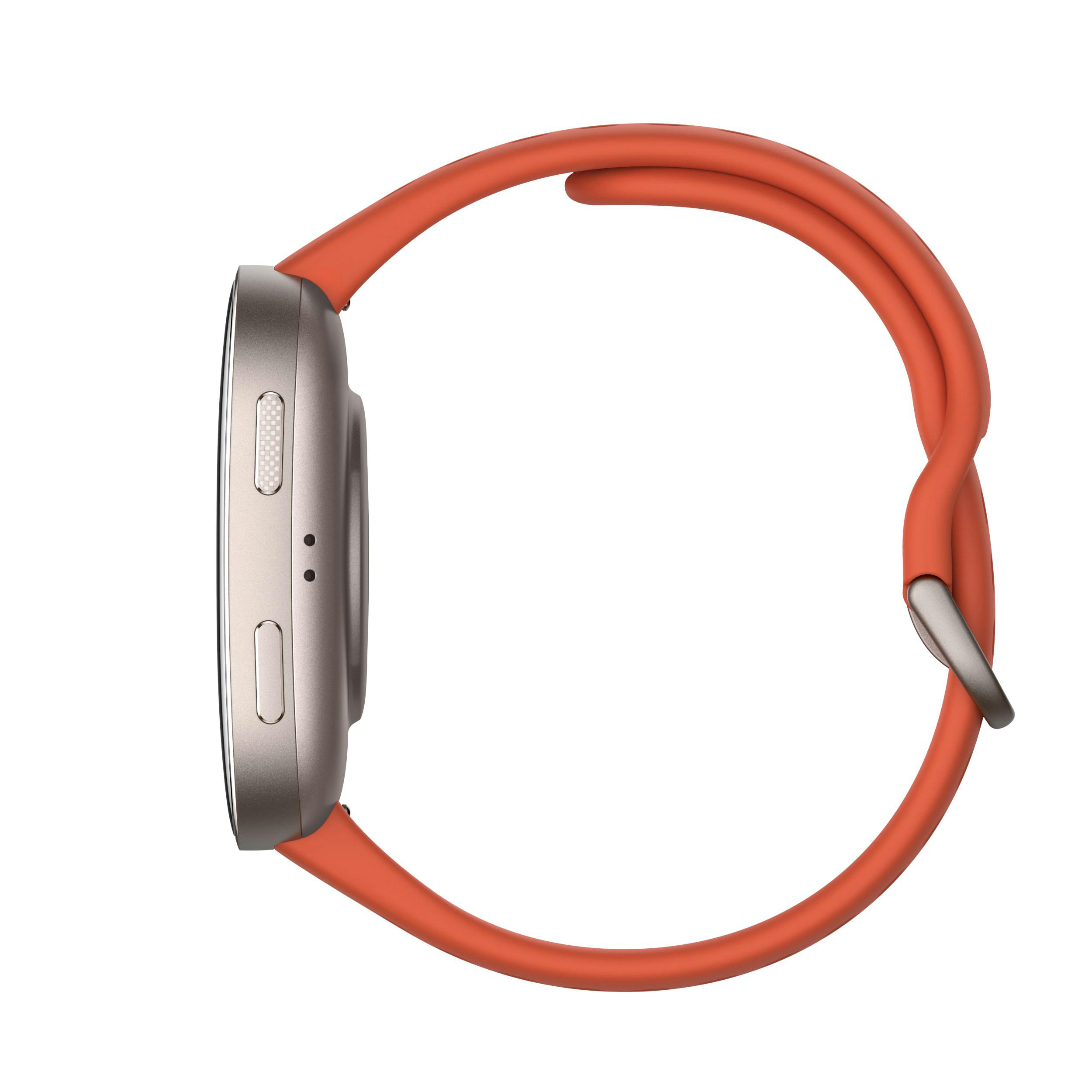 Seitenansicht einer Smartwatch mit orangefarbenem Armband auf weißem Hintergrund. Die Uhr ist silber.